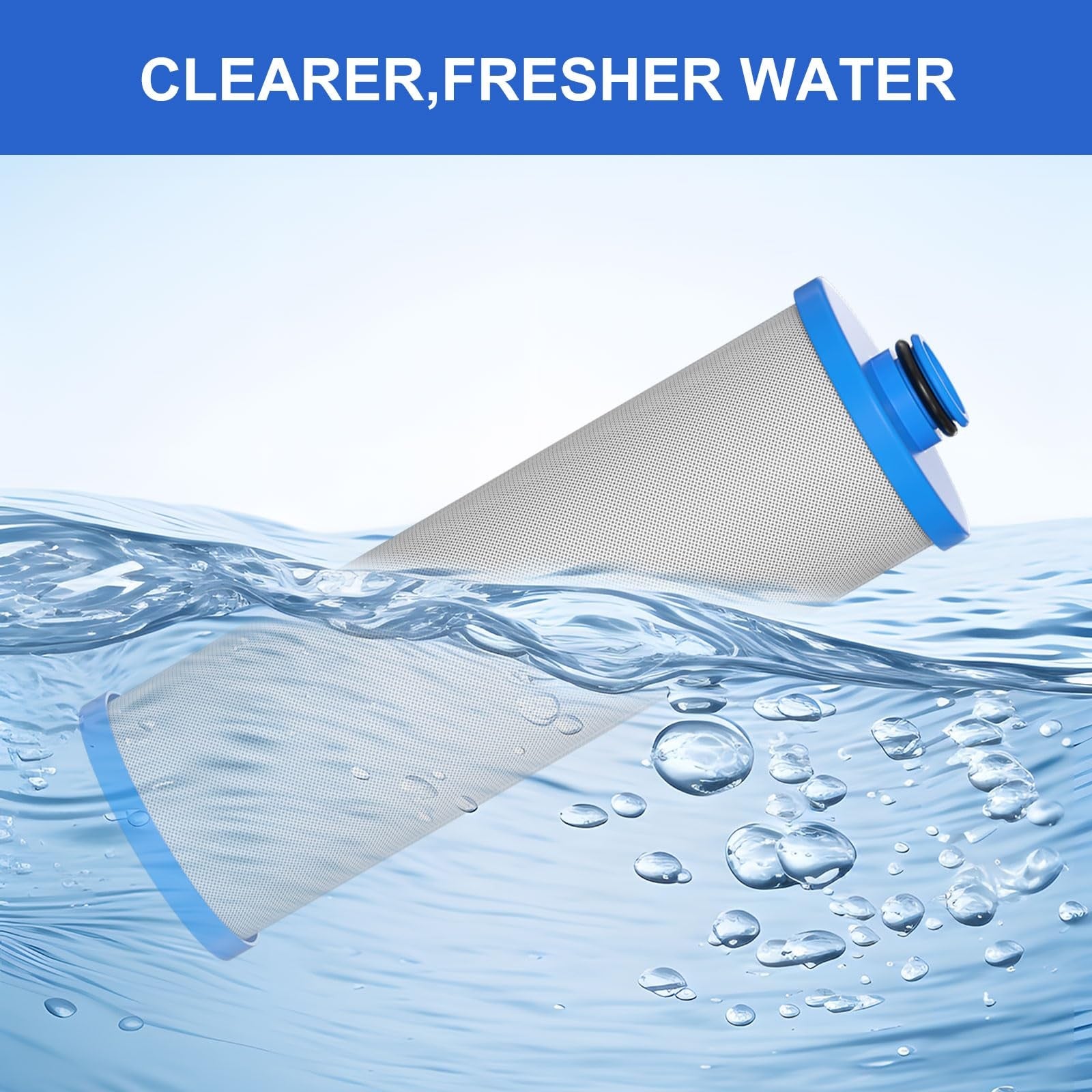 Vickmons KW1 RV water filter, 2.5 x 10 inches, compatible with RCS/FR1 housing, shown in clear view.