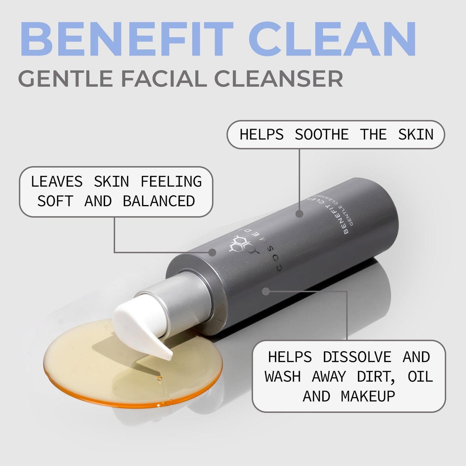COSMEDIX Benefit Clean gentle face wash gel for women and men, hydrating cleanser with a soft foaming texture.