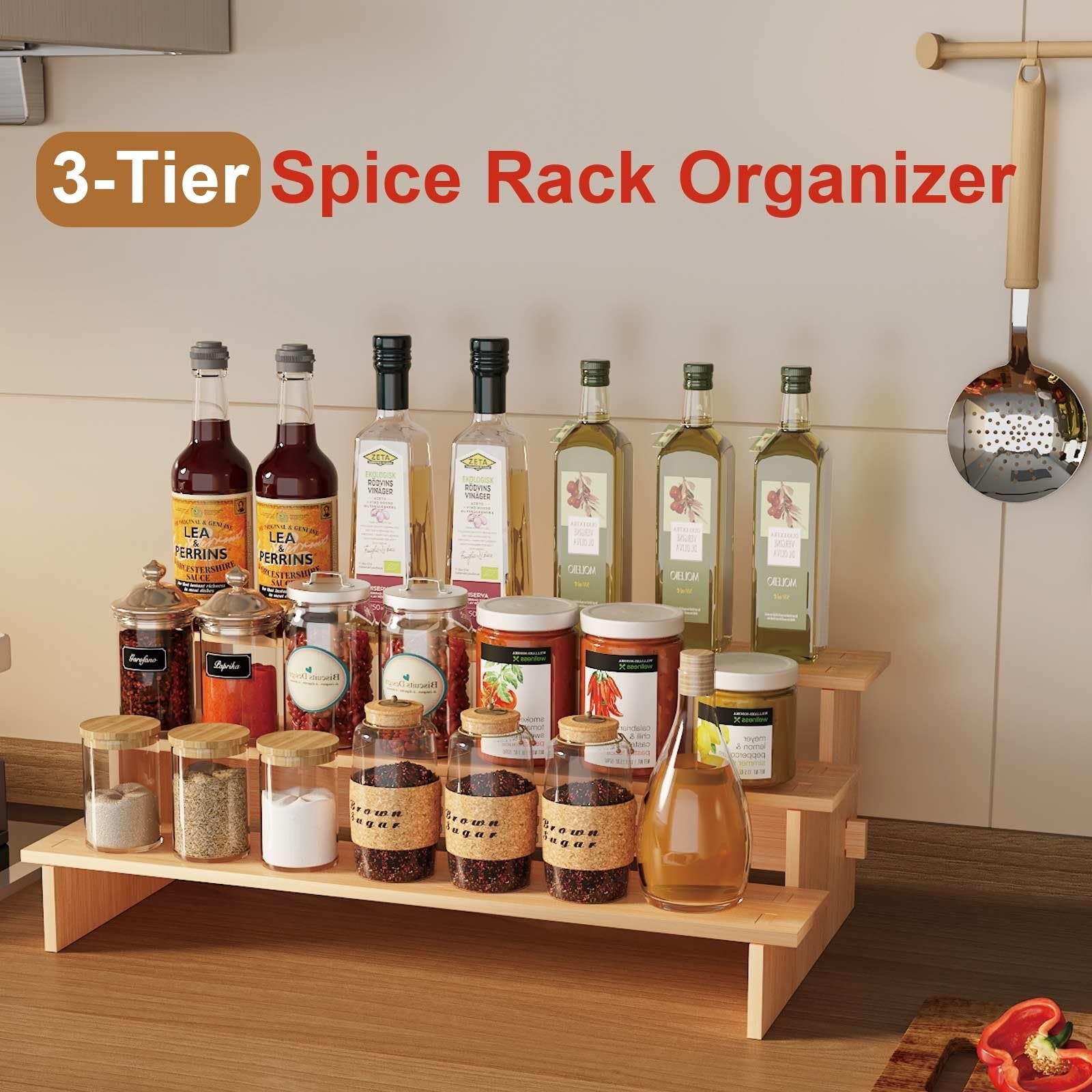 JinDoWin 3-tier spice rack organizer for cabinet, showing stacked metal shelves holding spice jars in a kitchen cabinet.