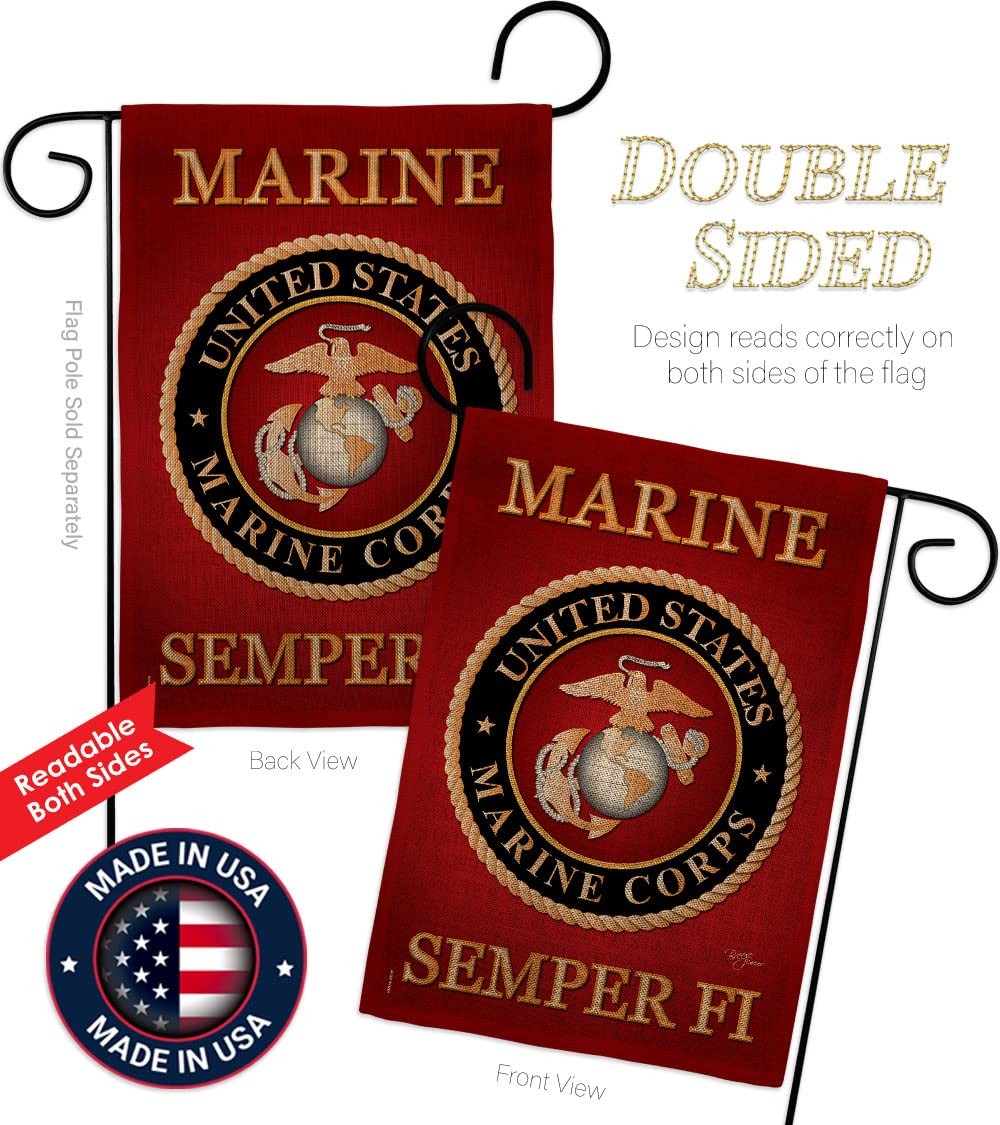 Marine Corps burlap garden flag by Breeze Decor featuring USMC armed forces design, displayed on a garden stand.