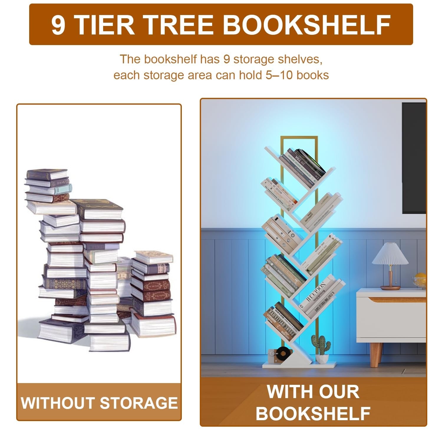 Qupui Tree Book Shelf with LED lights, 9-tier wooden floor-standing bookcase featuring a classical tree design and ample storage space.