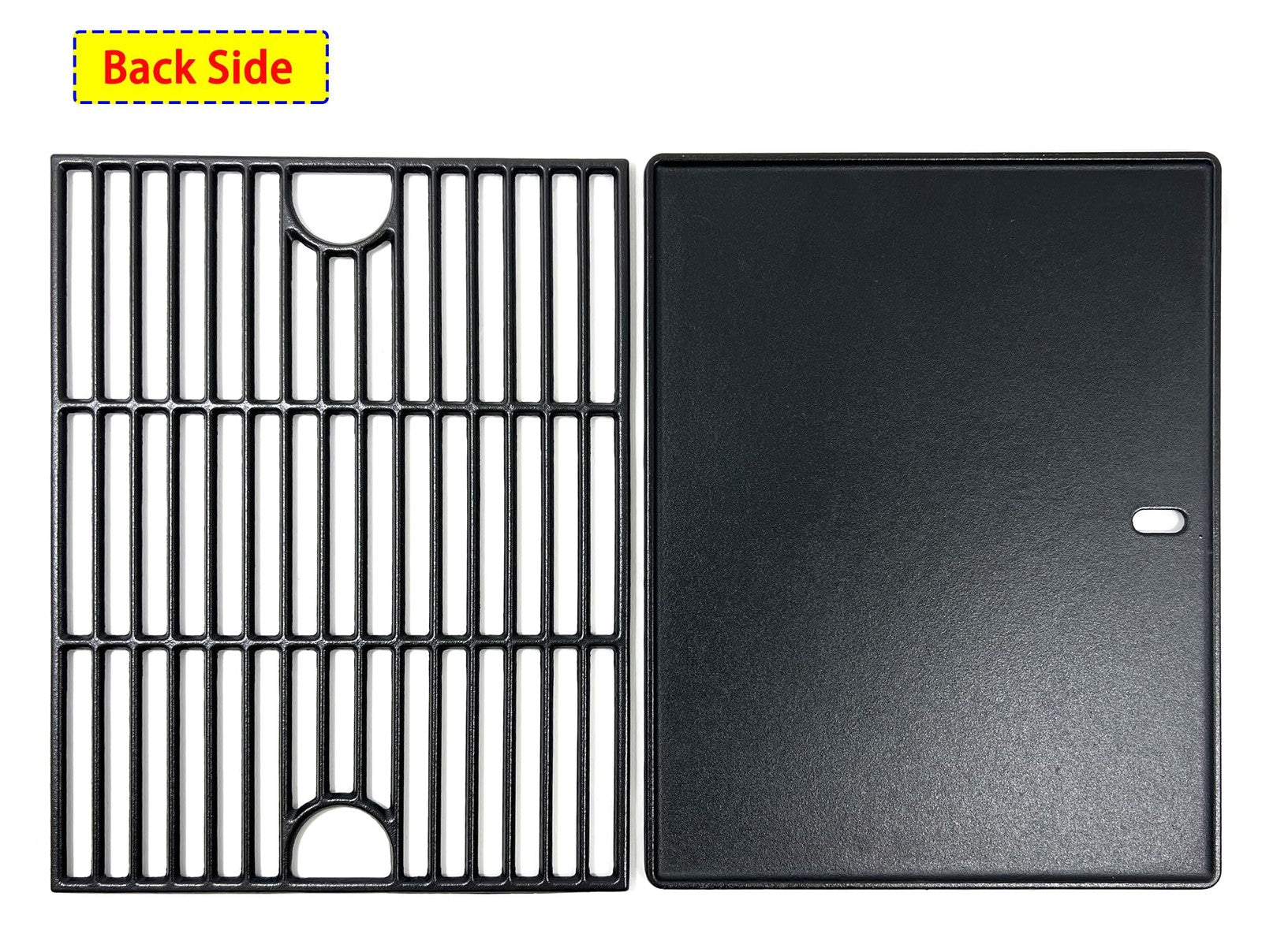 Cast iron cooking grate and griddle for Nexgrill, Charbroil, and Kenmore barbecue grills, durable black iron cooking surface.