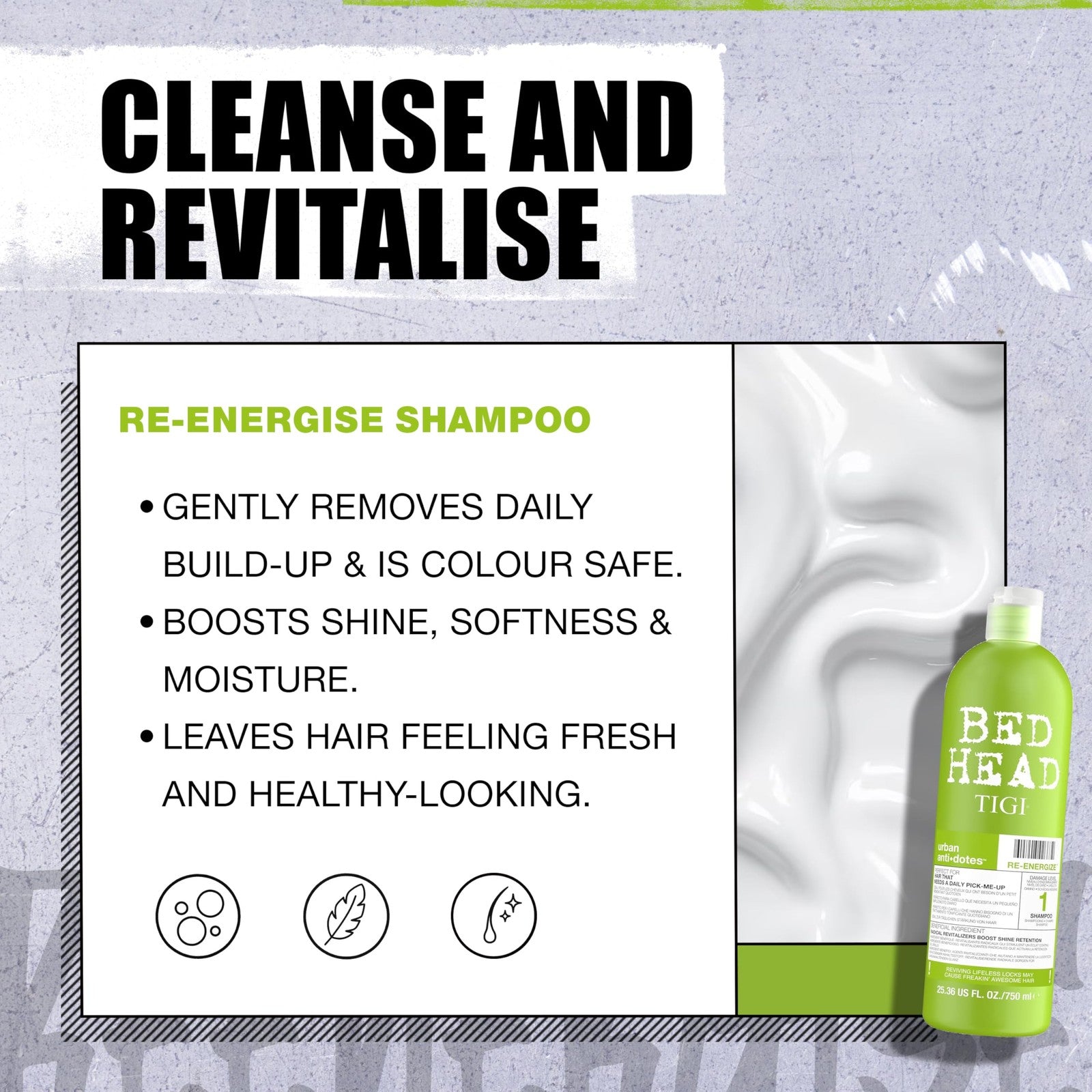 Bed Head TIGI Re-Energize shampoo and conditioner set, 2x 750ml bottles, with vibrant packaging and product labels visible.