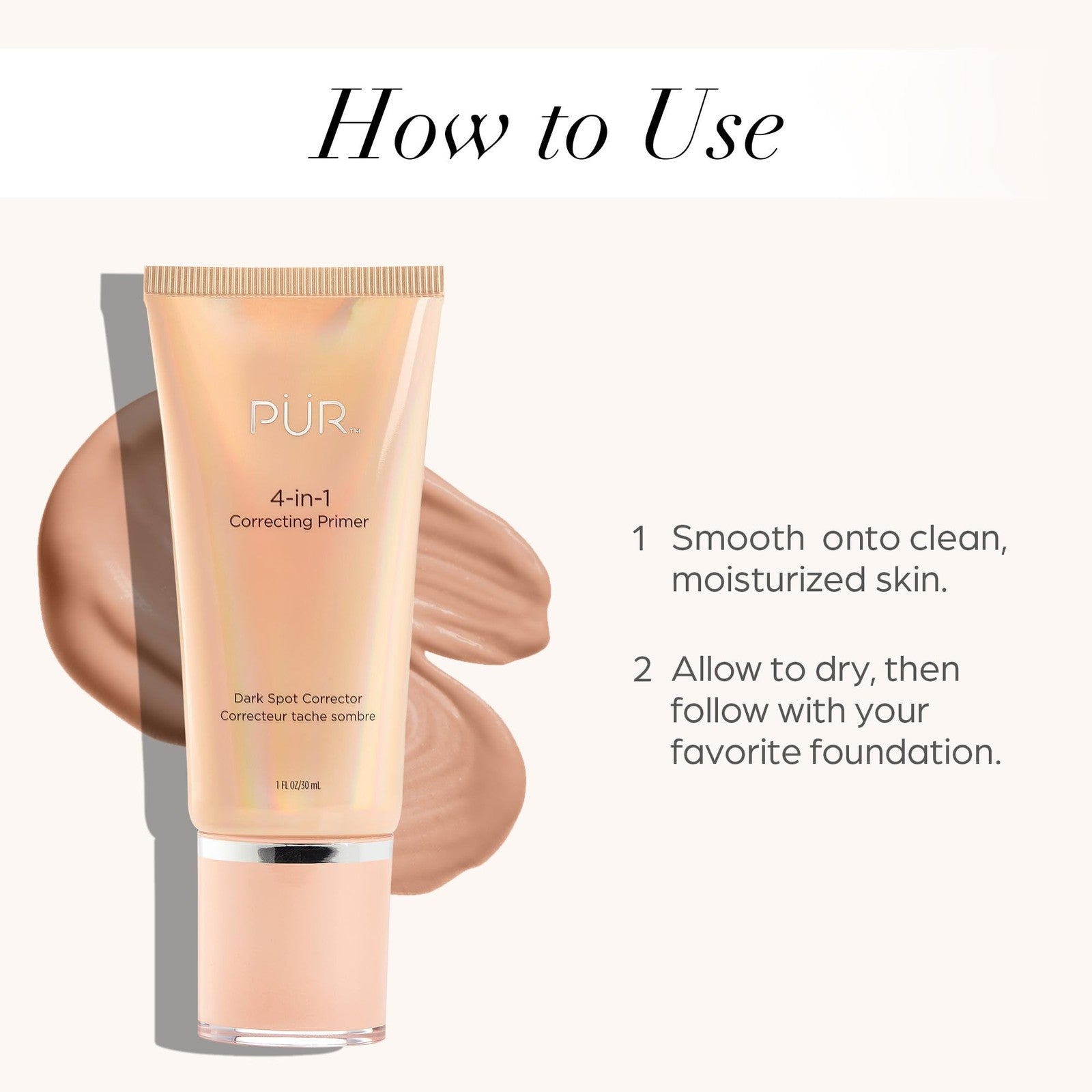 PÜR MINERALS 4-in-1 Correcting Primer with dark spot corrector, lightweight face primer for smooth, even skin.