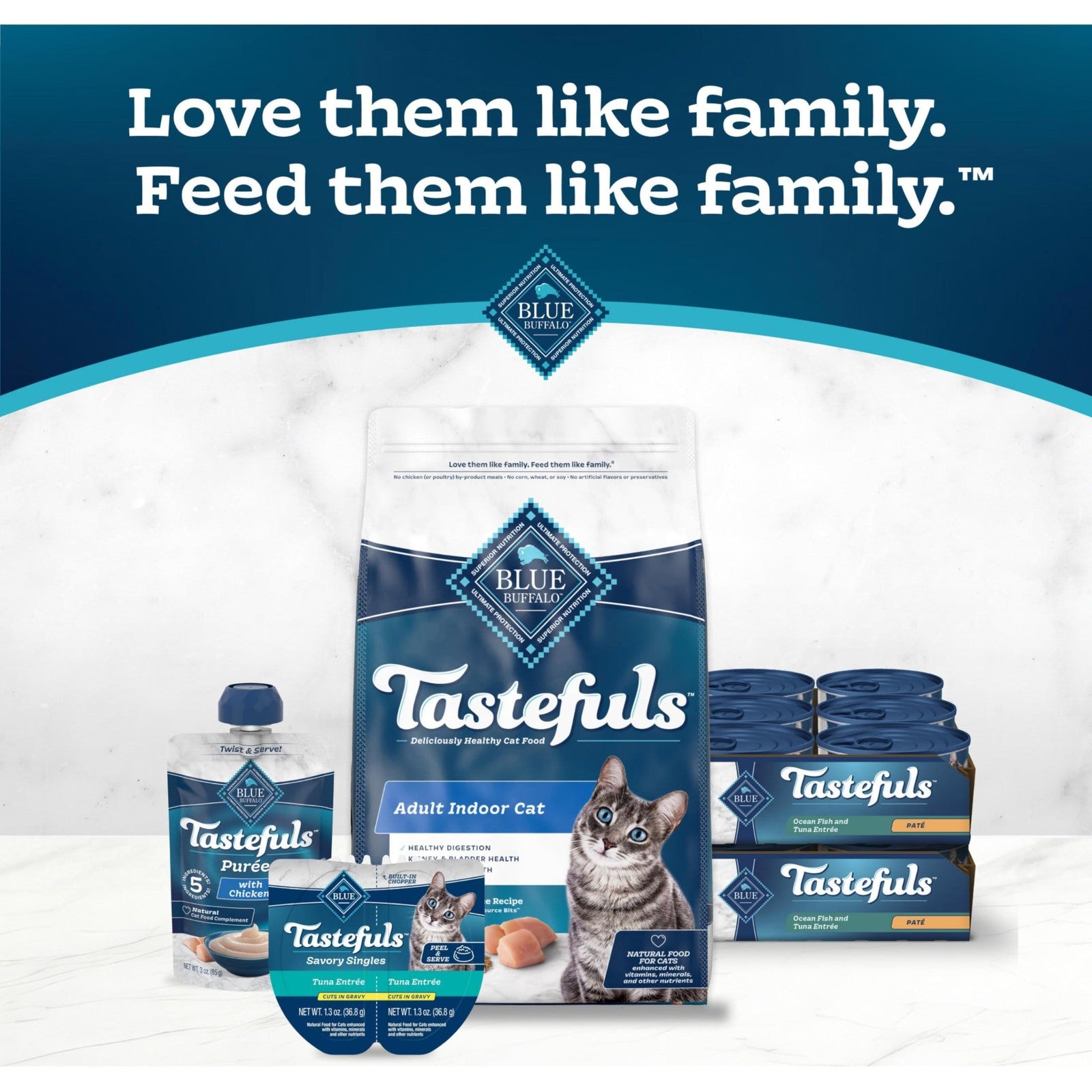 Blue Buffalo Tastefuls wet cat food Paté with natural ingredients, featuring a can of ocean-flavored cat food in the image.