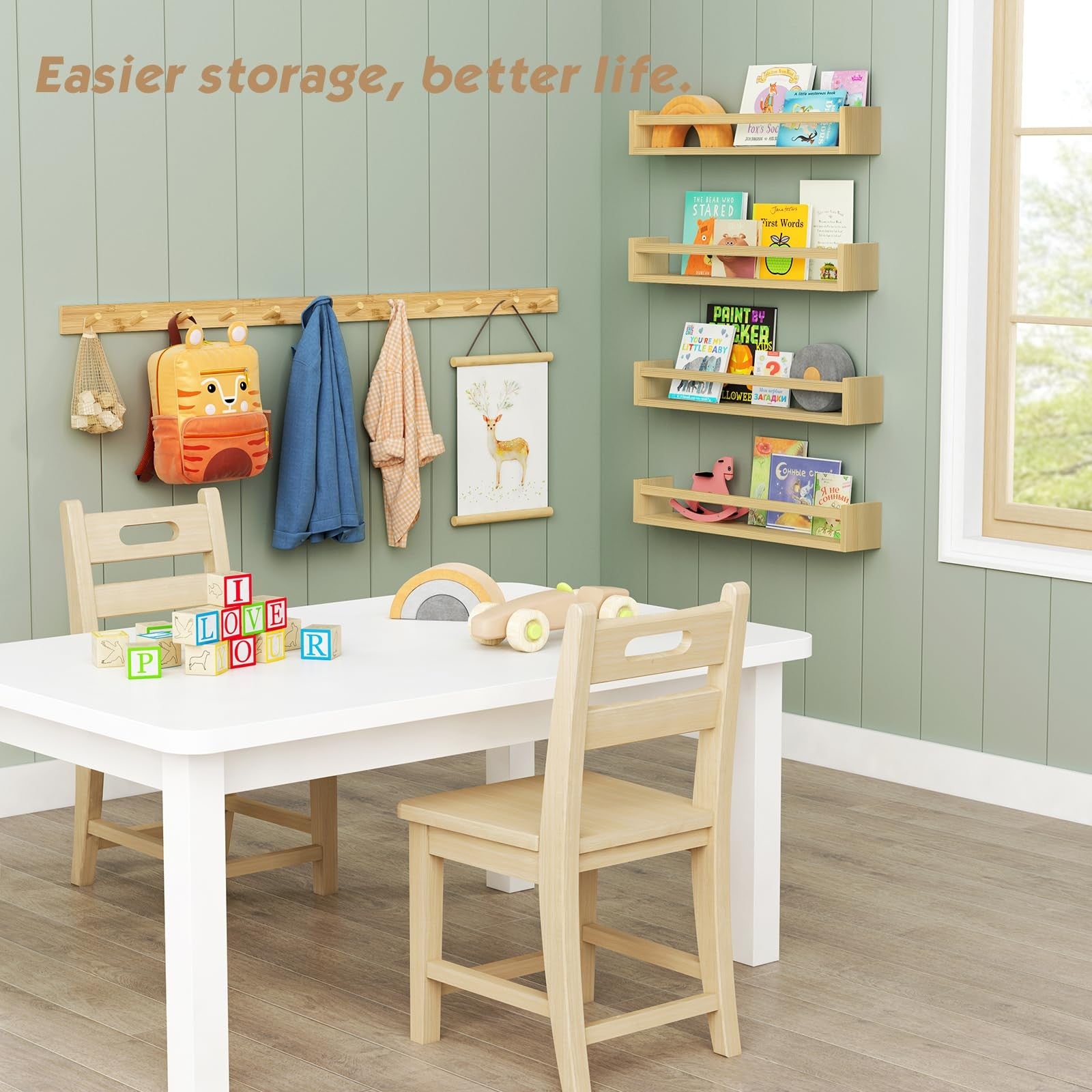 Forbena natural wood wall mount coat rack set of 4 with hooks, ideal for bathroom or entryway organization and decoration.