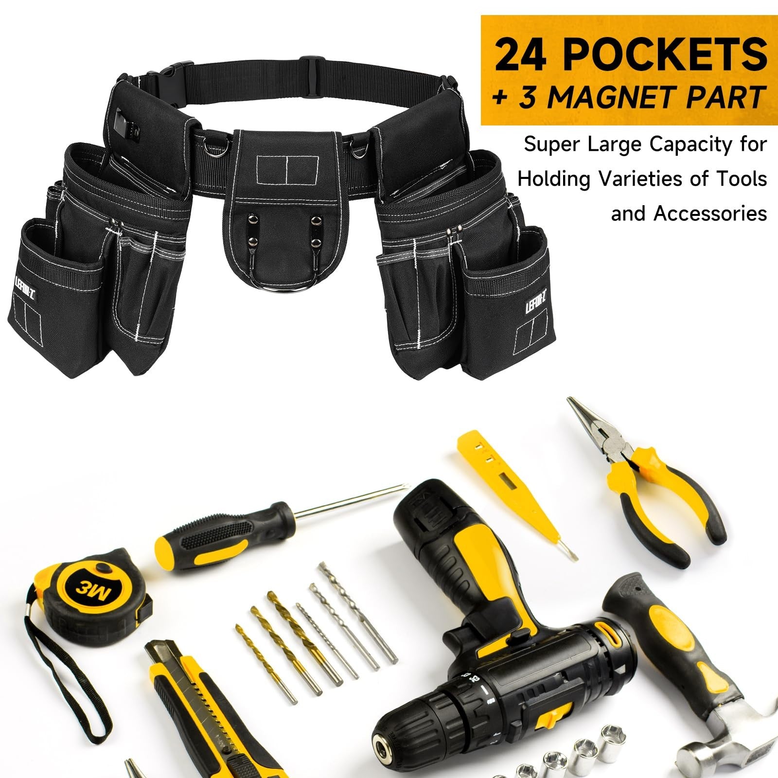Heavy-duty LEFOR·Z tool belt with suspenders and 27 pockets, featuring magnetic tool holders for men.