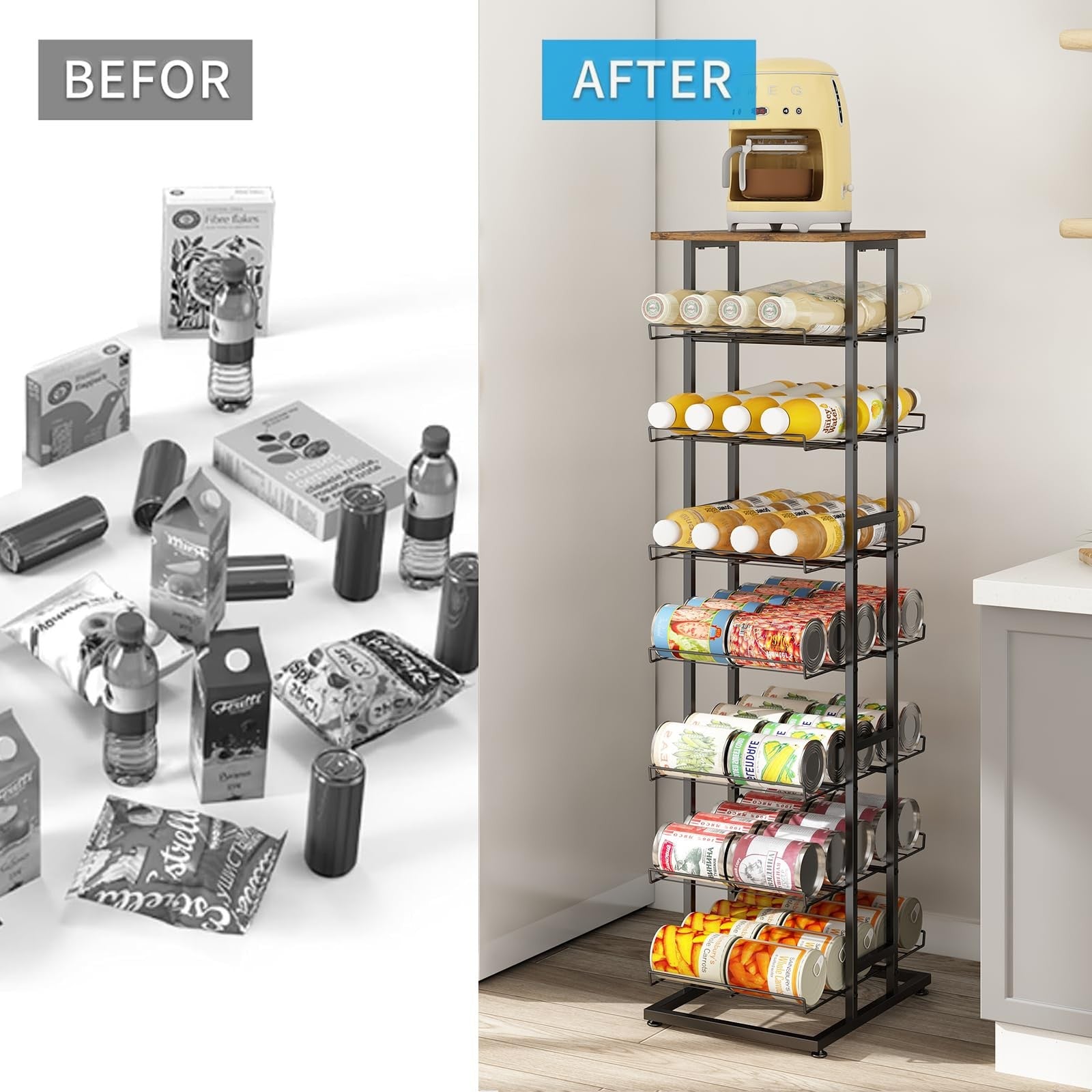 GILLAS multi-tier water bottle storage rack with wooden tabletop and metal frame, ideal for organizing beverage bottles.