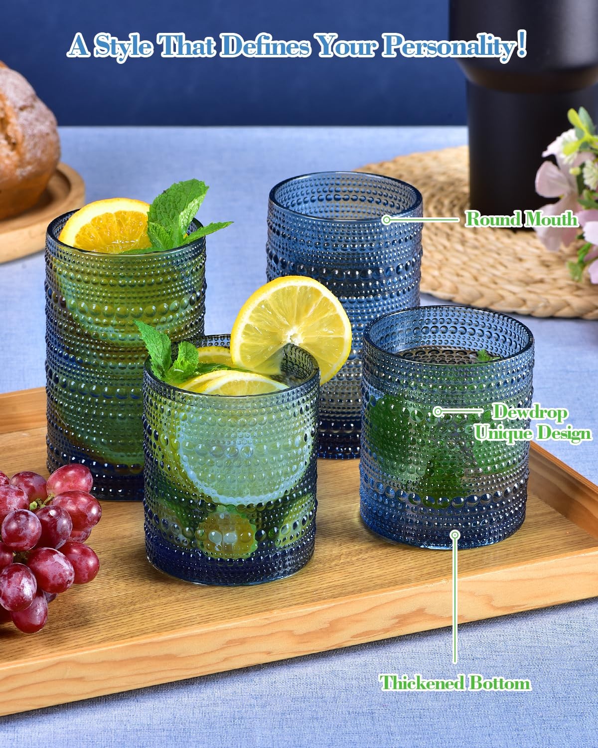 Set of 8 blue vintage ISMASOAN hobnail drinking glasses, 14 oz and 12 oz, with textured glass surface and classic design.