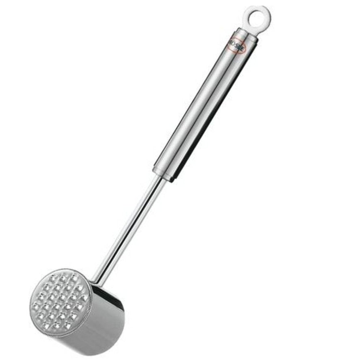 Rösle stainless steel heavy weight meat tenderizer mallet with textured surface for tenderizing cuts of meat.