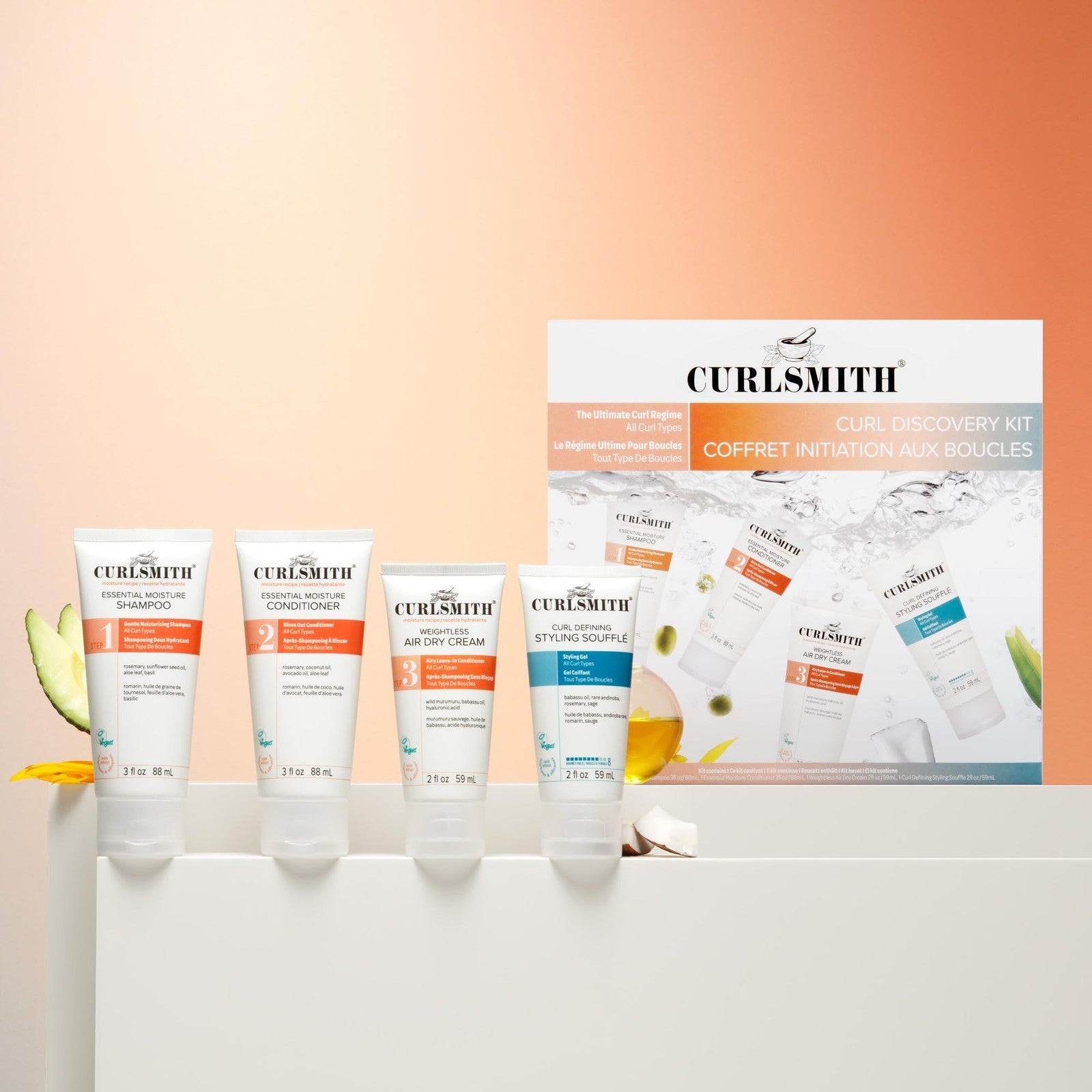 Curlsmith Curl Discovery Kit for hydrating and defining curls, includes moisturizing products for curly hair care.