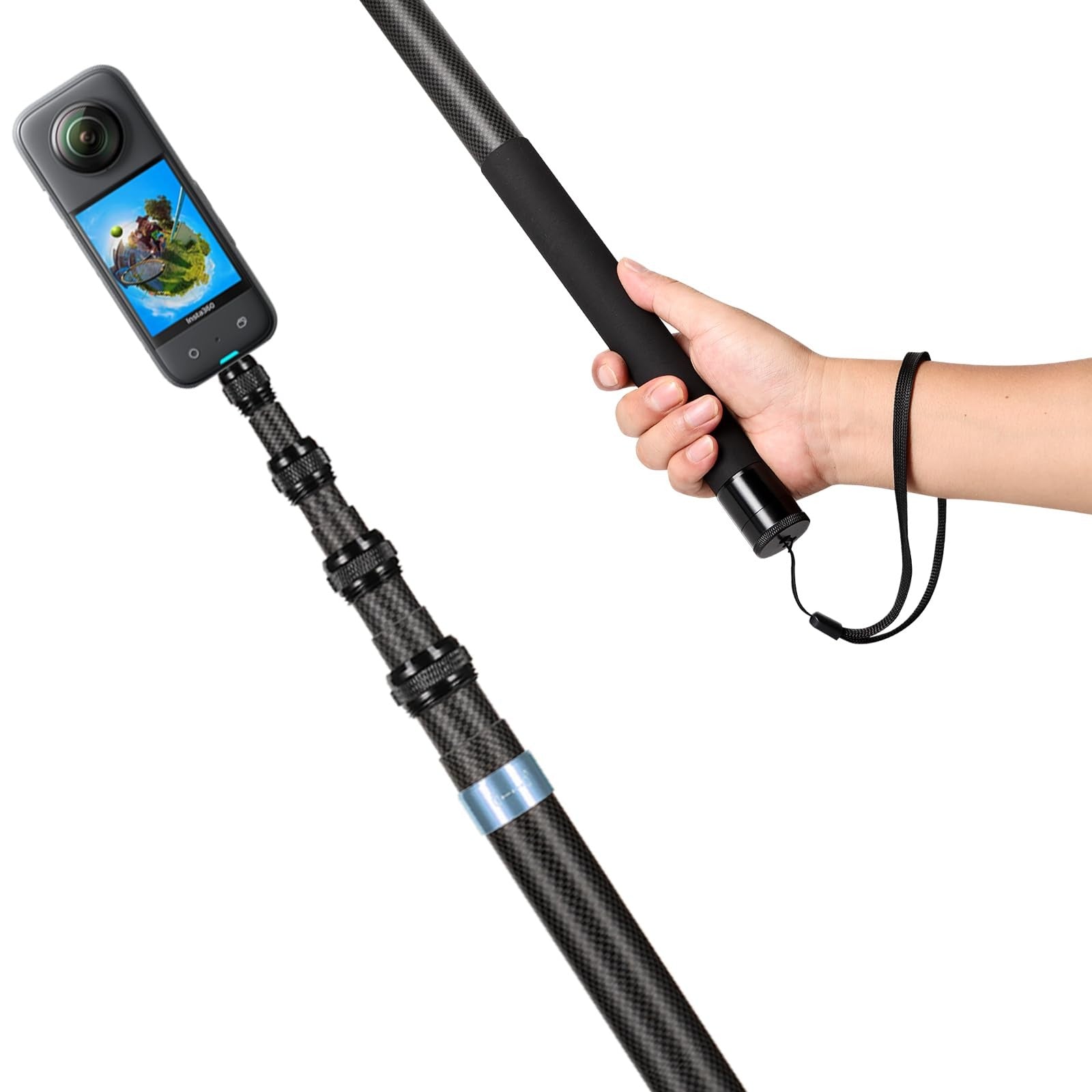 Brave Heart 118-inch invisible carbon fiber selfie stick for Insta360 X5, X4, X3, ONE X2, R, X, and Go cameras on a black background.