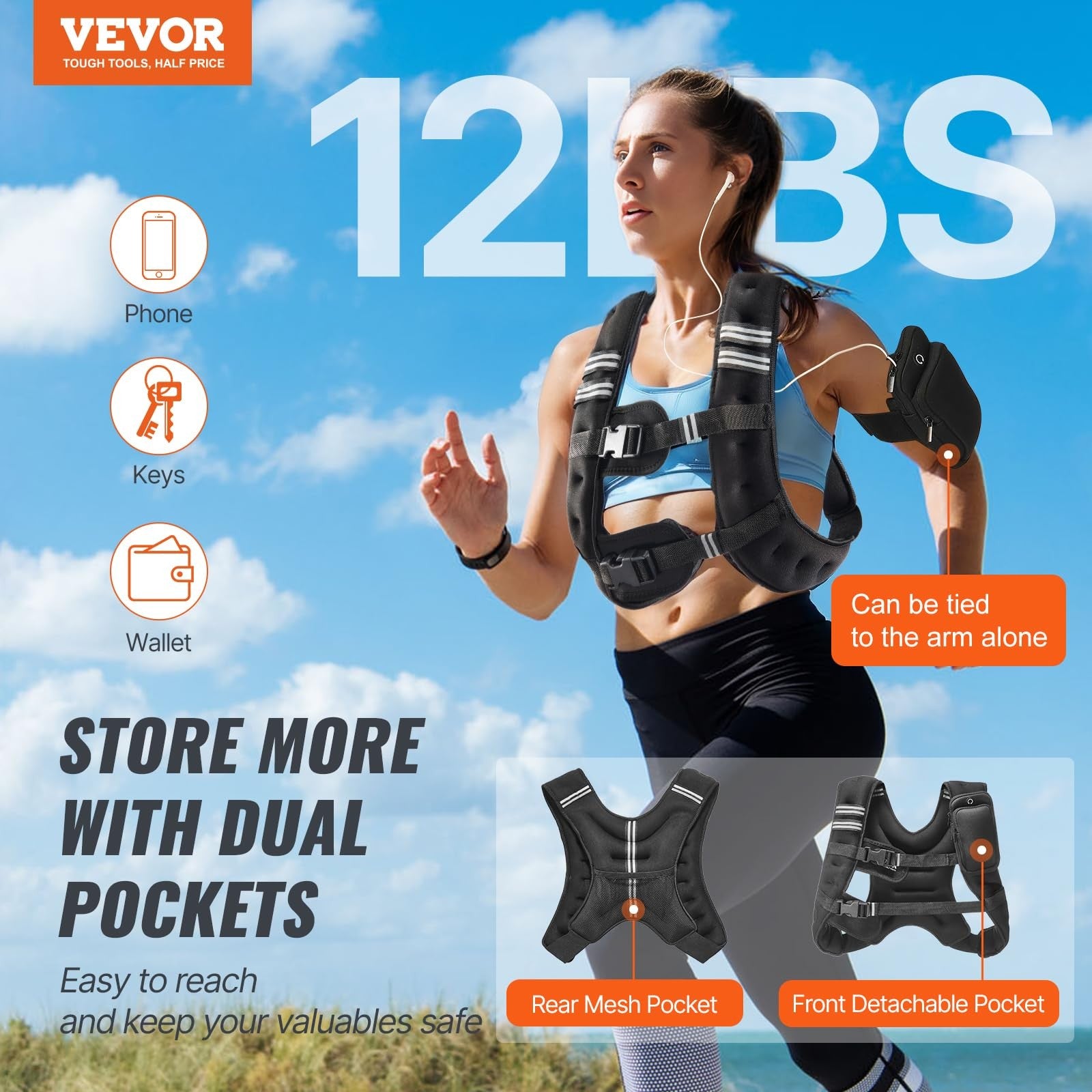 VEVOR 12 lbs weighted vest with adjustable straps and reflective stripe for fitness and strength training.