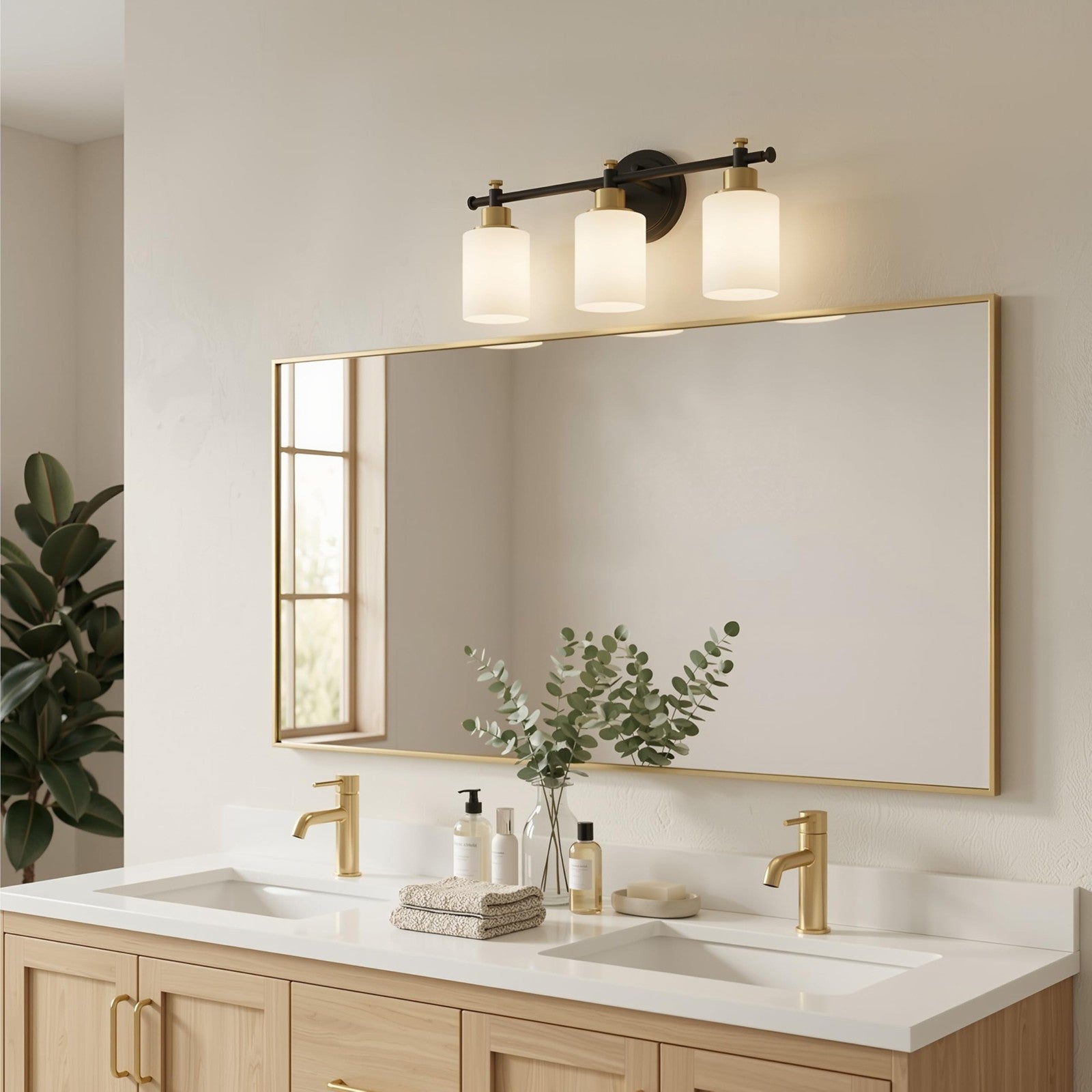 Imizdlum 3-light bathroom vanity light with black and gold finish, modern fixture ideal for bathroom mirror illumination.