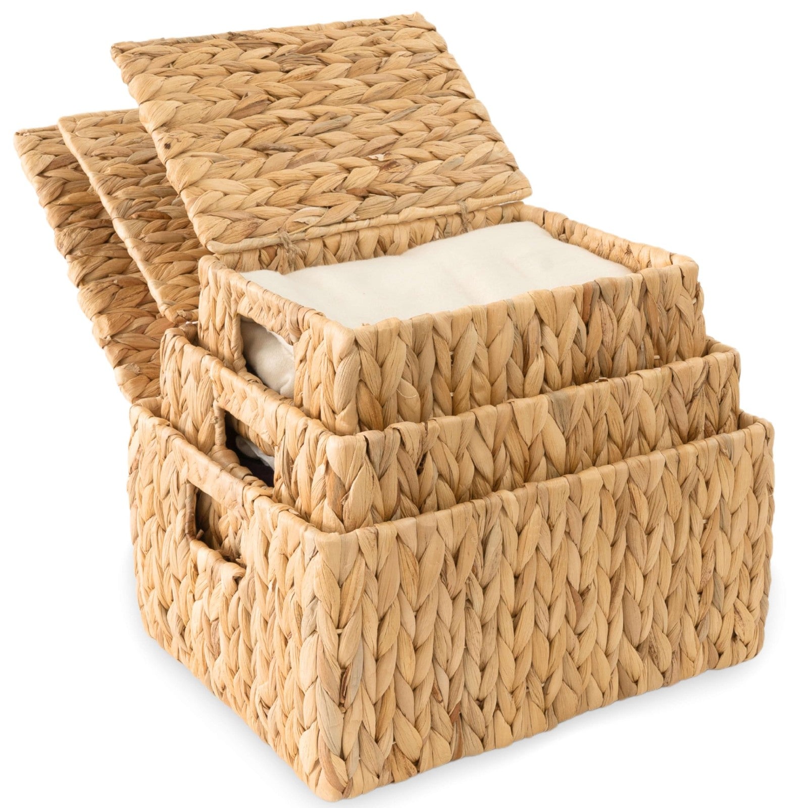 Set of three KOLWOVEN wicker storage baskets with lids, rectangular decorative baskets for organized home storage.