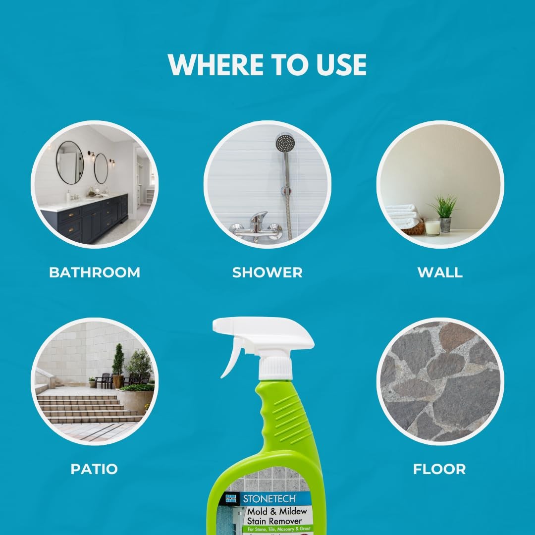 Laticrete StoneTech Mold and Mildew Stain Remover Cleaning Kit for kitchen, patio, and shower surfaces, with cleaning tools and solutions.