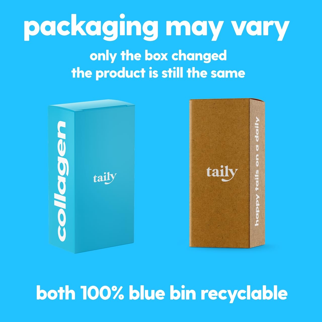 Taily Premium Grass-fed Collagen supplement for dogs and cats, showing a bottle of liquid collagen for skin and coat health.