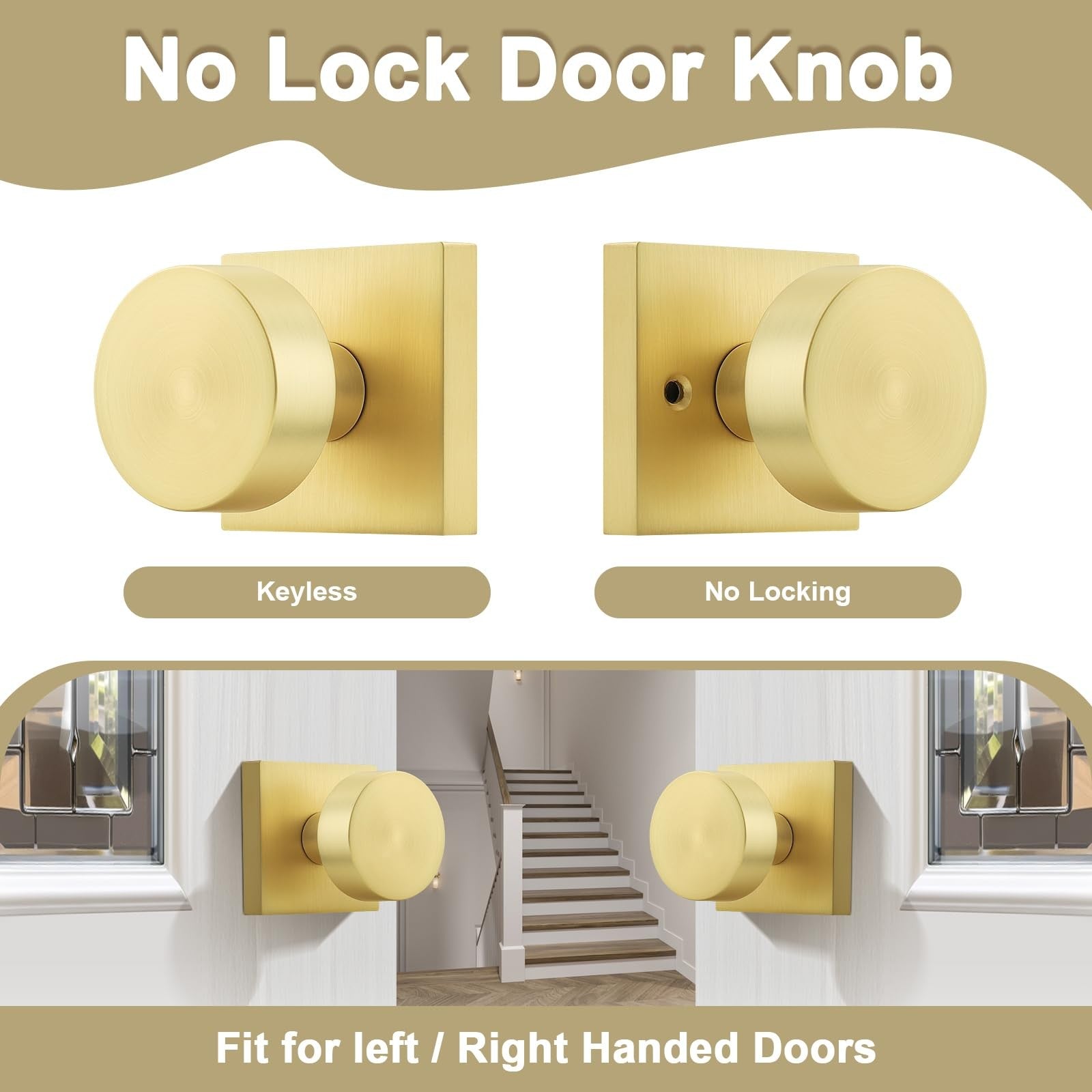 Probrico gold interior door knob with brushed brass finish, no lock, modern handle for interior doors, sleek and stylish design