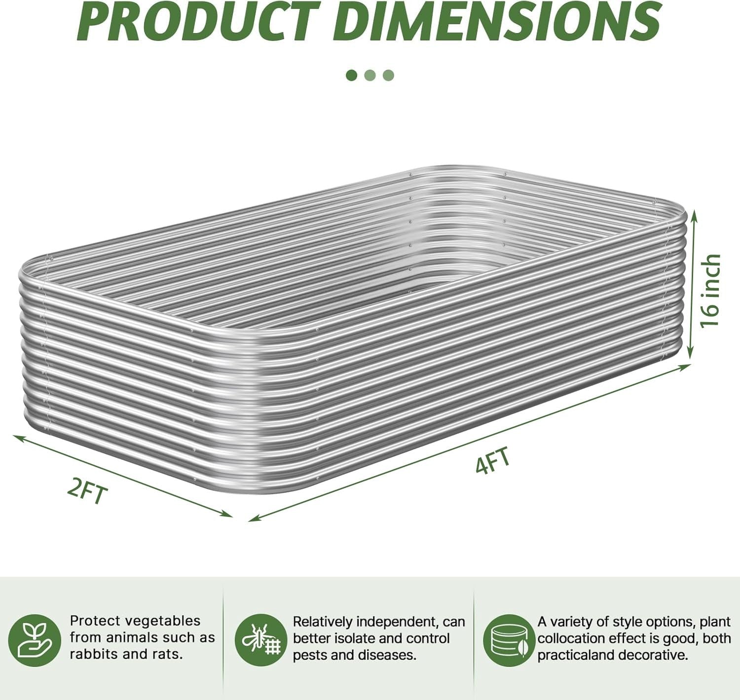 Three galvanized steel raised garden beds, 4x2 feet each, with tall, corrugated design for outdoor planting and gardening.