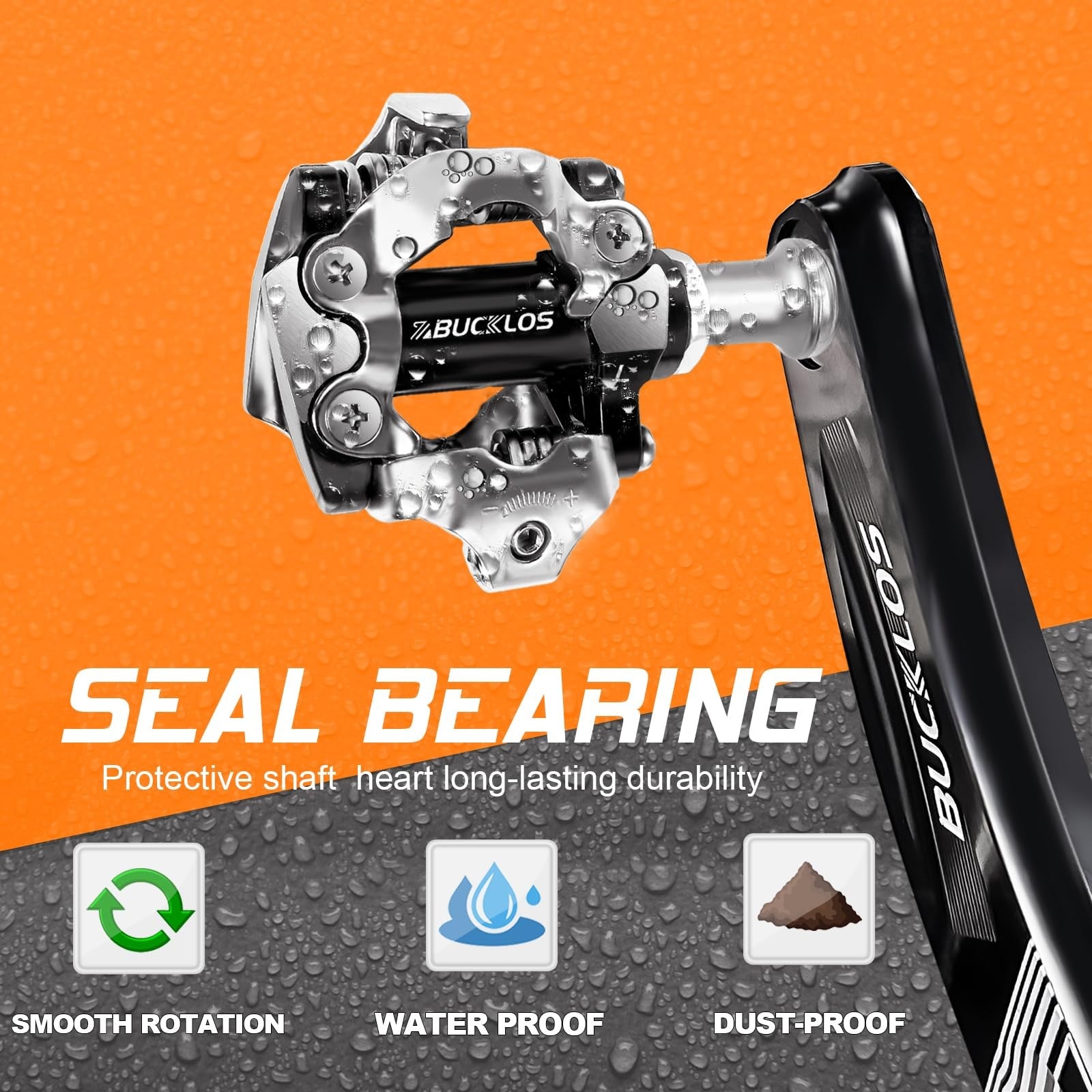 BUCKLOS SPD Clipless MTB mountain bike pedals PD-M760/M780 with dual-sided design, featuring metal clips and black platform.