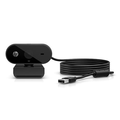 HP 320 FHD webcam with built-in microphone and privacy cover, designed for desktop computers, featuring USB-A connectivity.