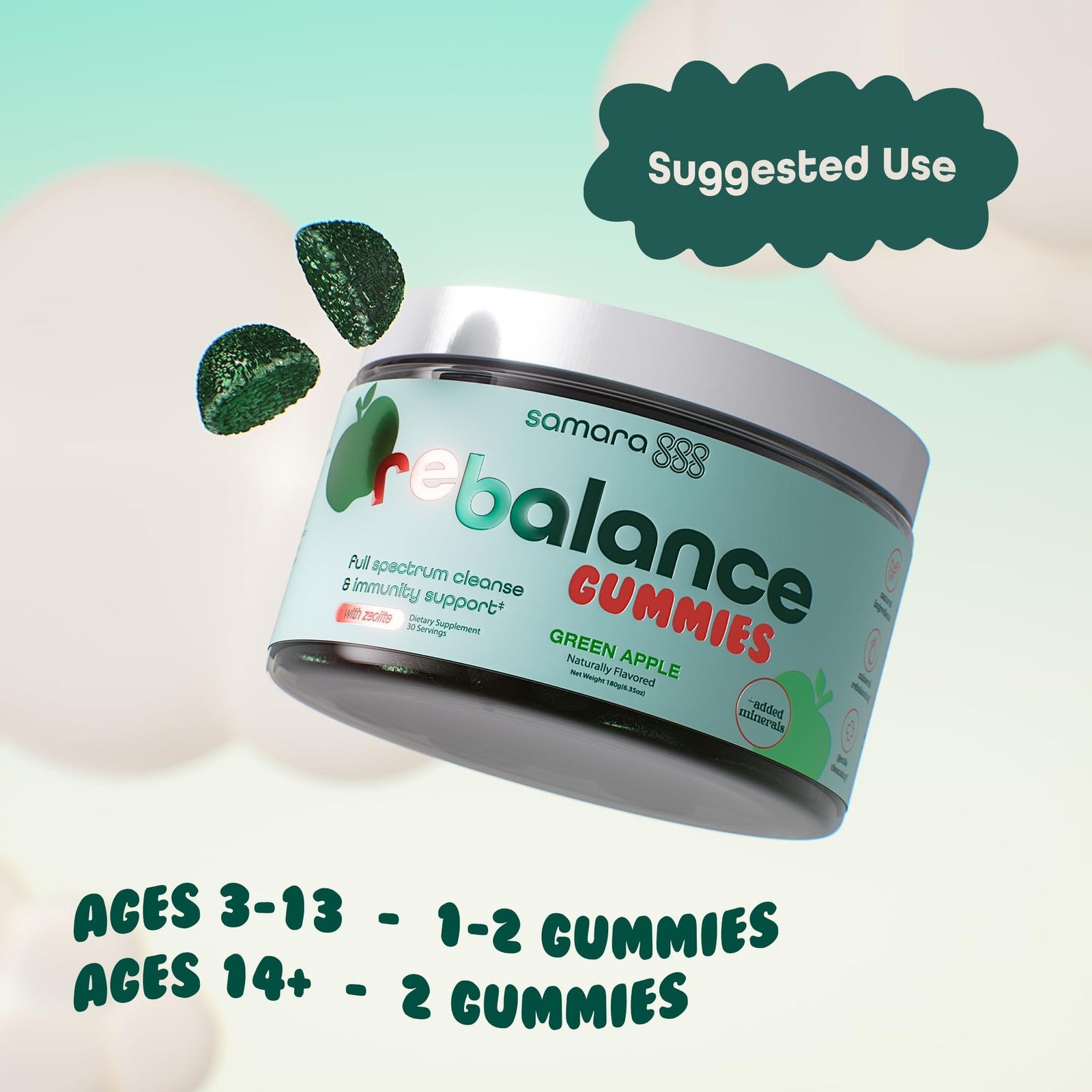 Samara 888 Zeolite Detox gummies for kids and adults, featuring heavy metal detox with chlorella in berry-flavored gummy form.