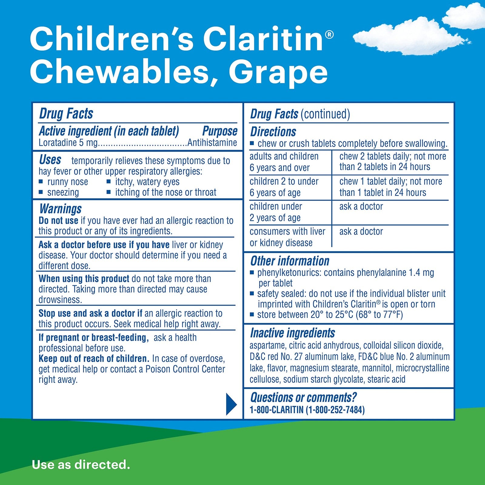 Children's Claritin Chewables allergy medicine in grape flavor, 60 count, showing the flavored chewable tablets for kids' allergy relief.