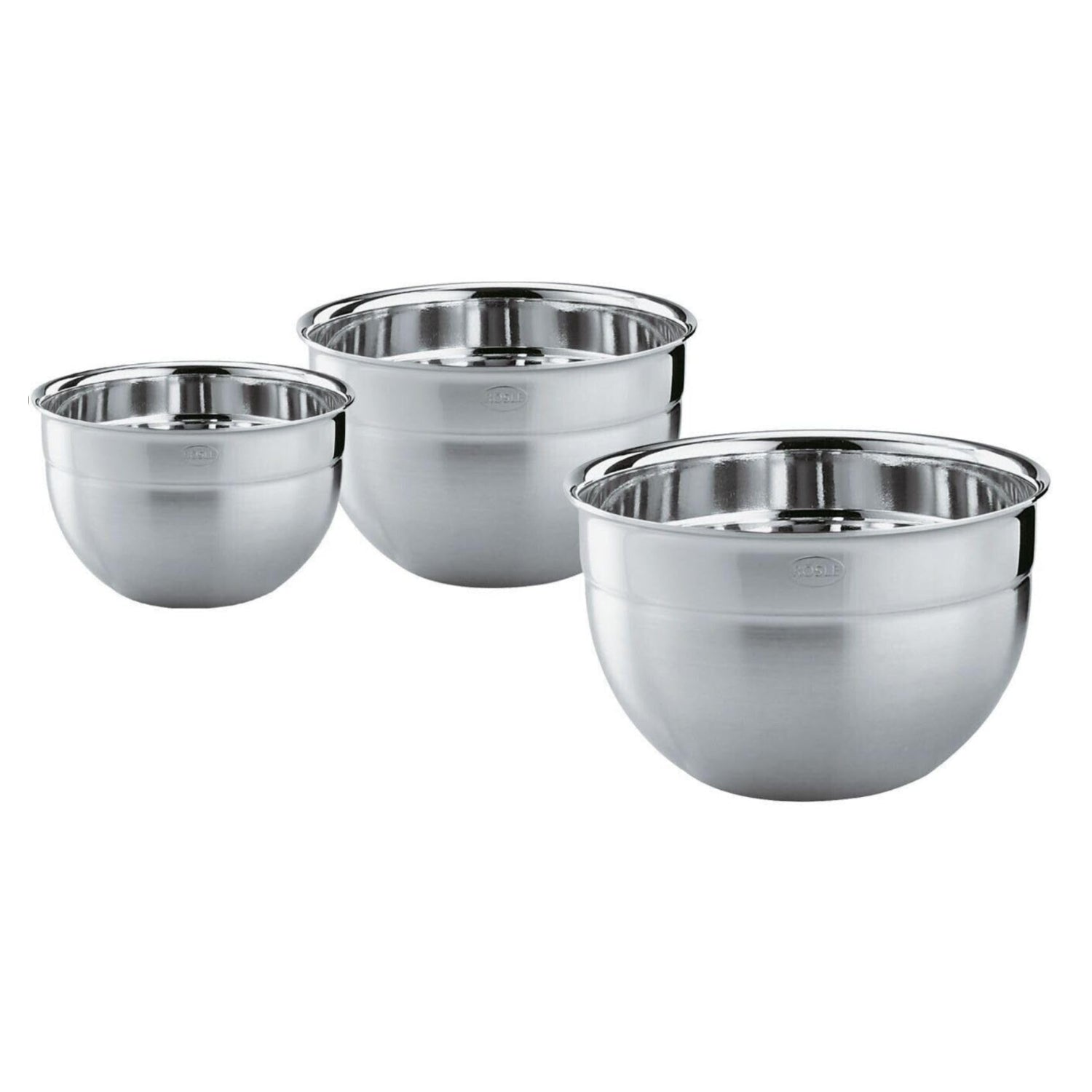 Rösle stainless steel 3-piece mixing, prep, and serving bowls set with 1.7-quart capacity, showcasing polished interior and sturdy design.