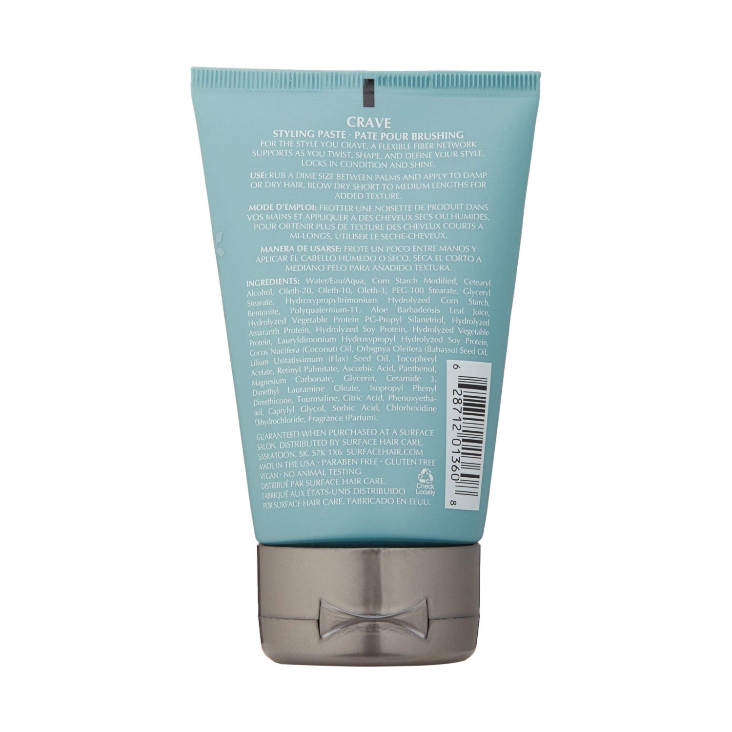 SURFACE Hair Crave Styling Paste with vegan, paraben-free formula, showing textured hair styled with the paste.