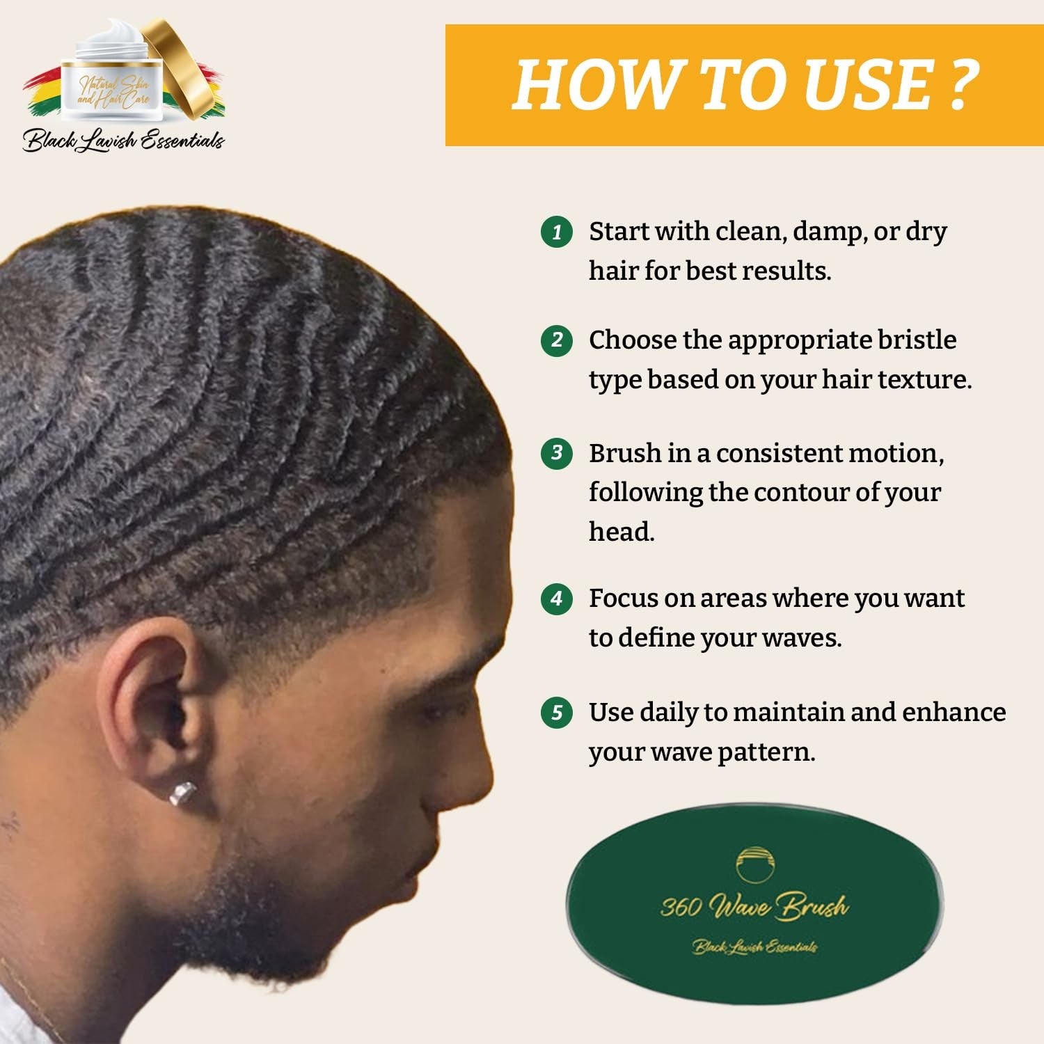 Black Lavish Essentials 360 Wave Brush with soft and hard boar bristles, curved design for building deep, smooth waves.