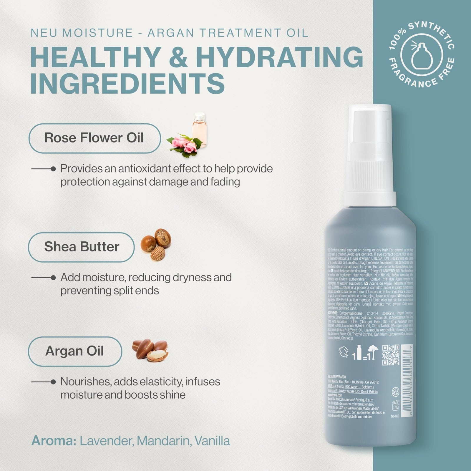 Neuma Neu Moisture Argan Treatment Oil bottle with pump dispenser, designed for nourishing and hydrating hair.