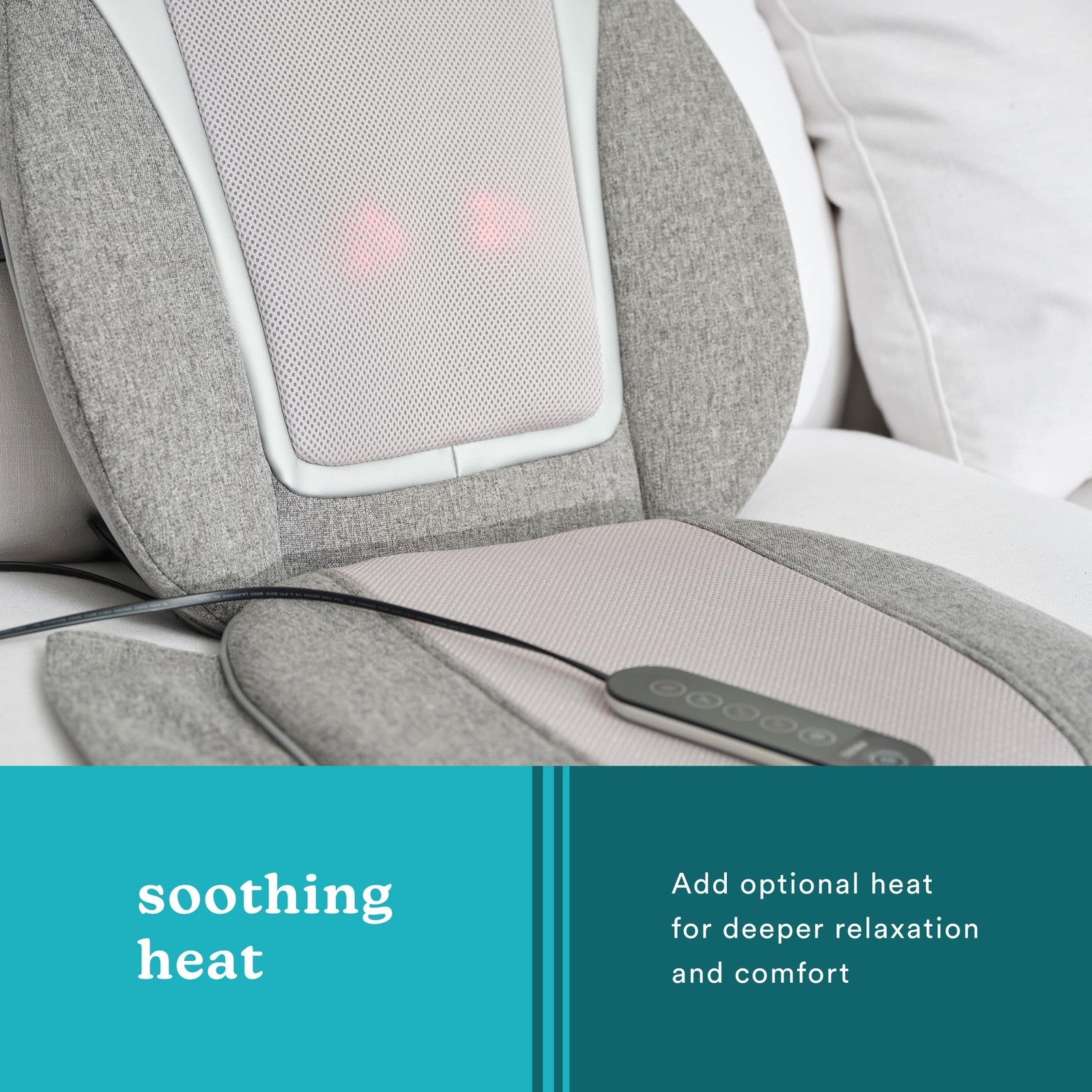 Homedics Shiatsu kneading massage cushion with heat for back support and relaxation, featuring adjustable settings and plush fabric.