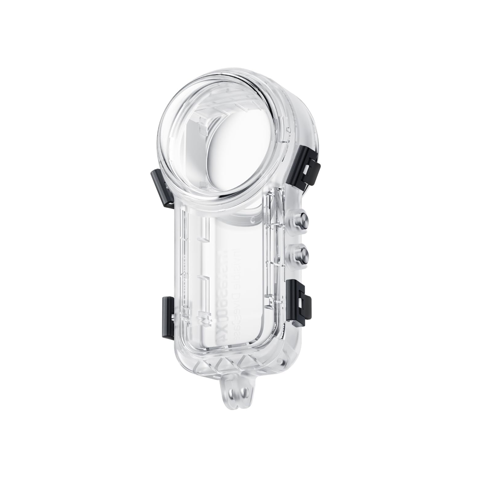 Insta360 X4 invisible dive case shown in clear waterproof housing with camera inside, designed for underwater filming.