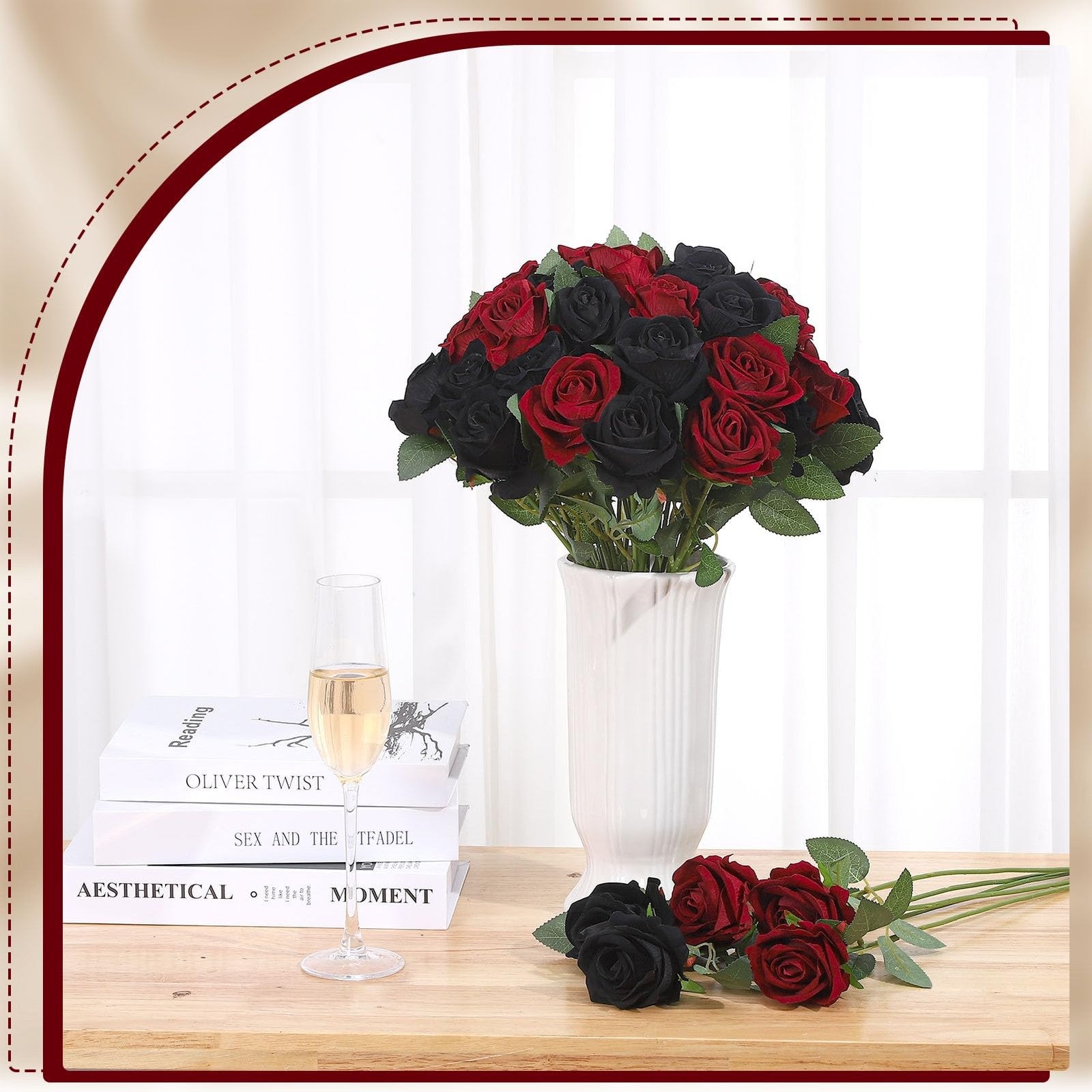 Ovveroche 80-piece silk artificial roses set with black and red flowers, showcasing realistic floral details on a neutral background.