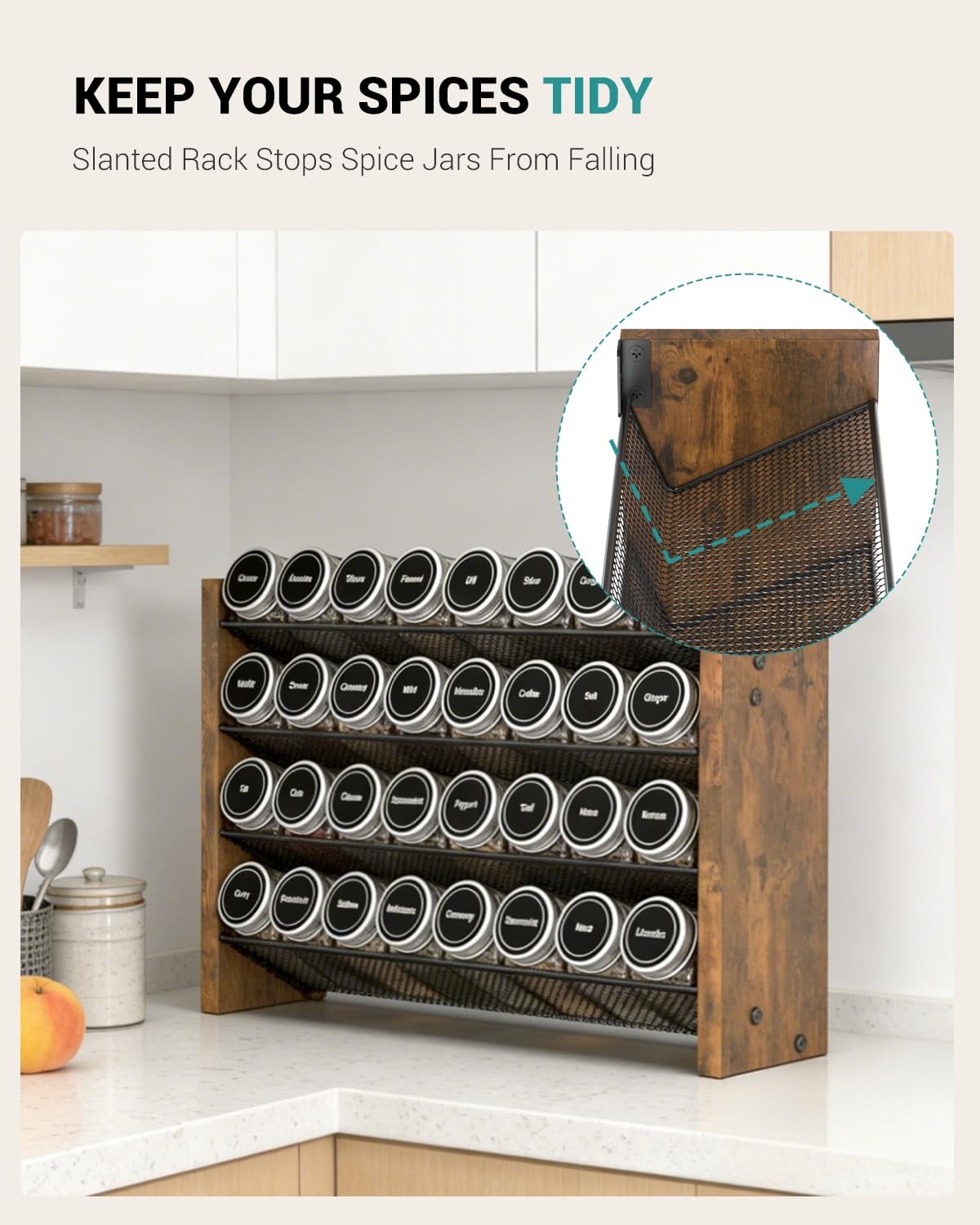 NESAPTO wooden 4-tier spice rack organizer mounted on kitchen wall, holding spice jars in a pantry cabinet.