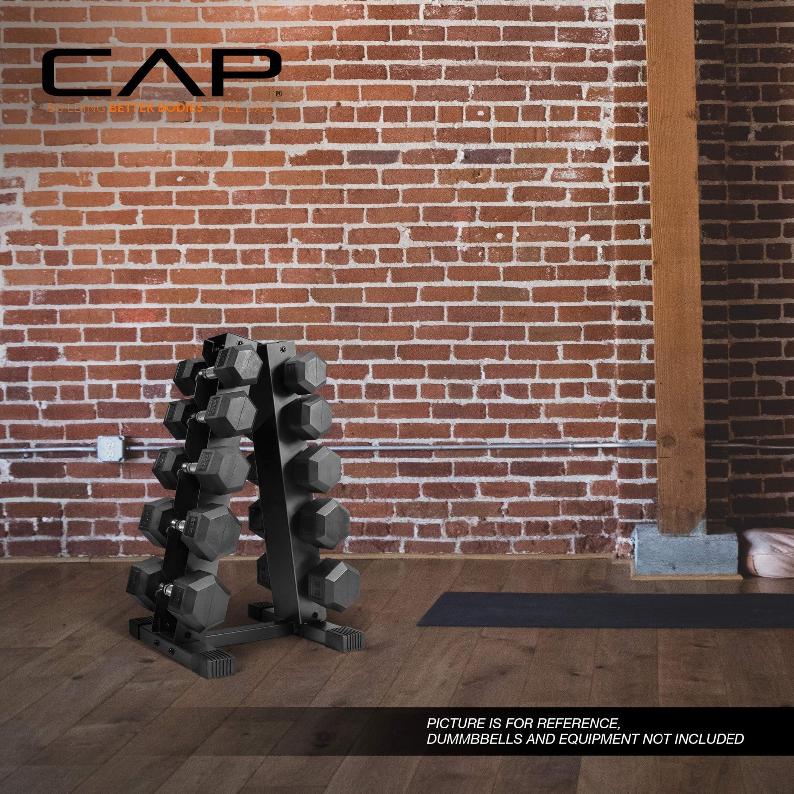 Blue CAP Barbell A-Frame Dumbbell Weight Rack holding various dumbbells for home gym storage