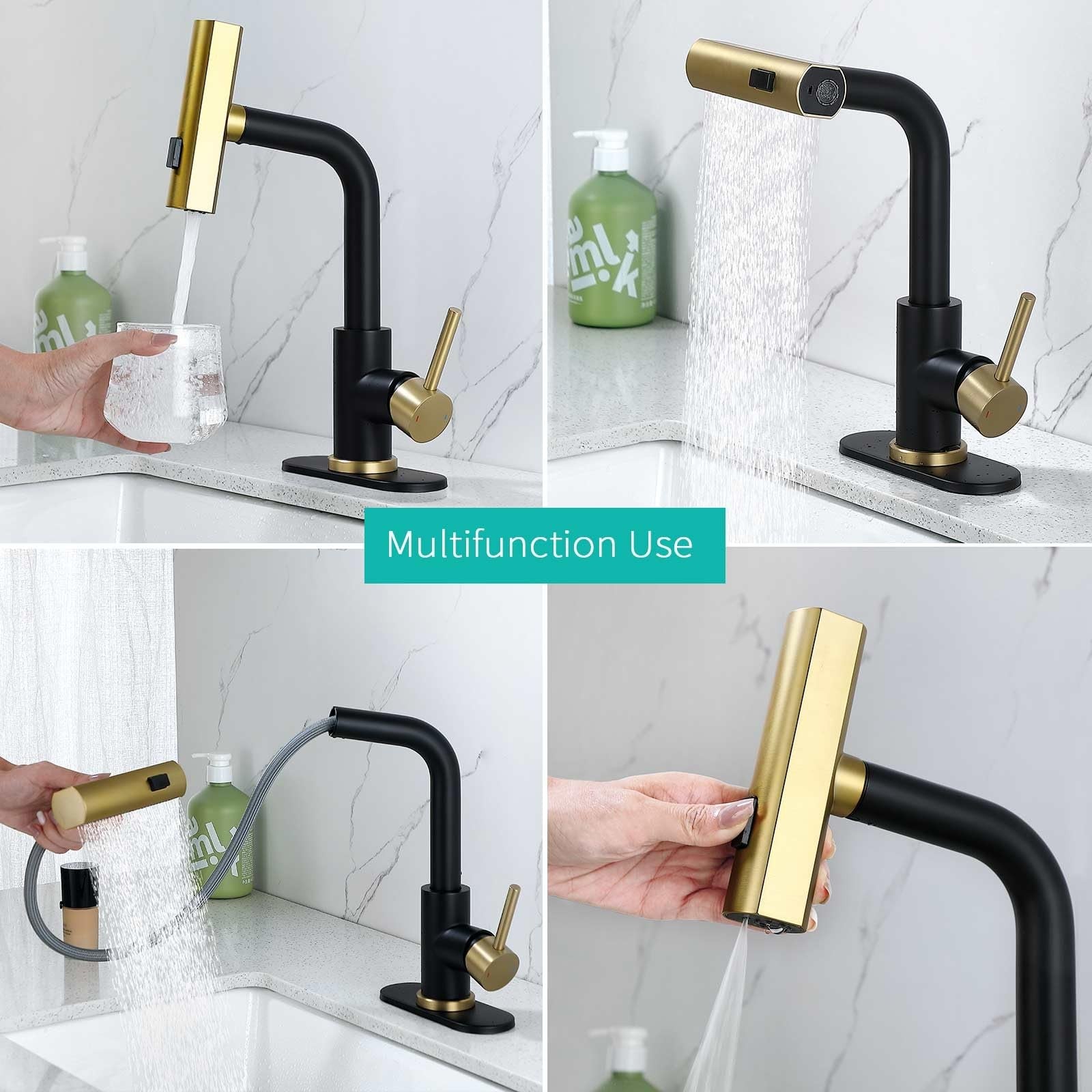 BARROCK Waterfall bathroom faucet with 3-mode pull-out sprayer and rotary switch, showcasing sleek modern design and chrome finish.