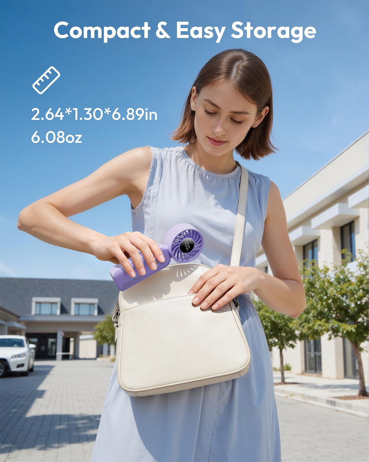 Gaiatop portable handheld fan with 5 speed settings, rechargeable battery, and 3-in-1 neck design showing the fan in use