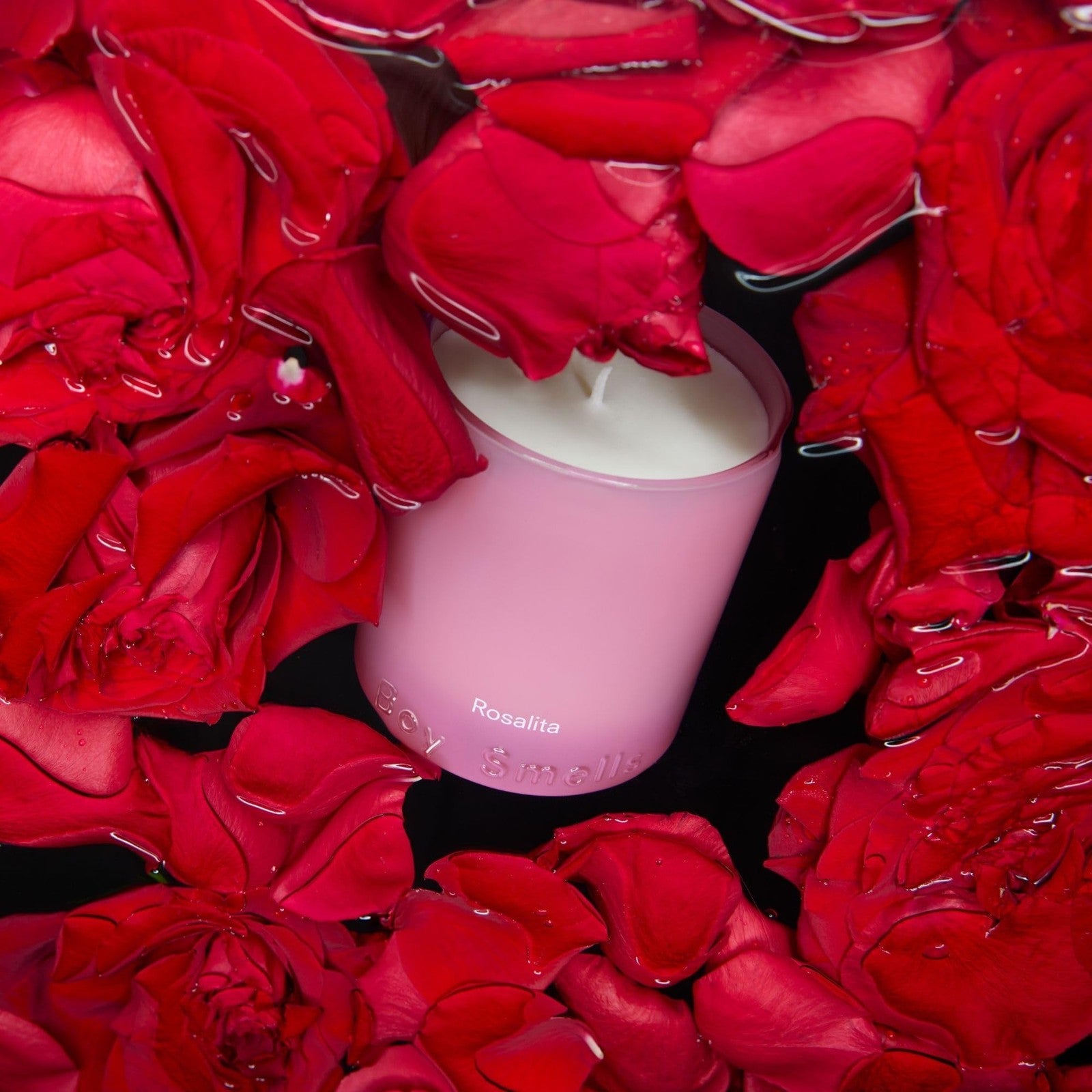 Boy Smells Rosalita Rose scented candle in an 8.5 oz jar, featuring a luxurious leather and floral design.