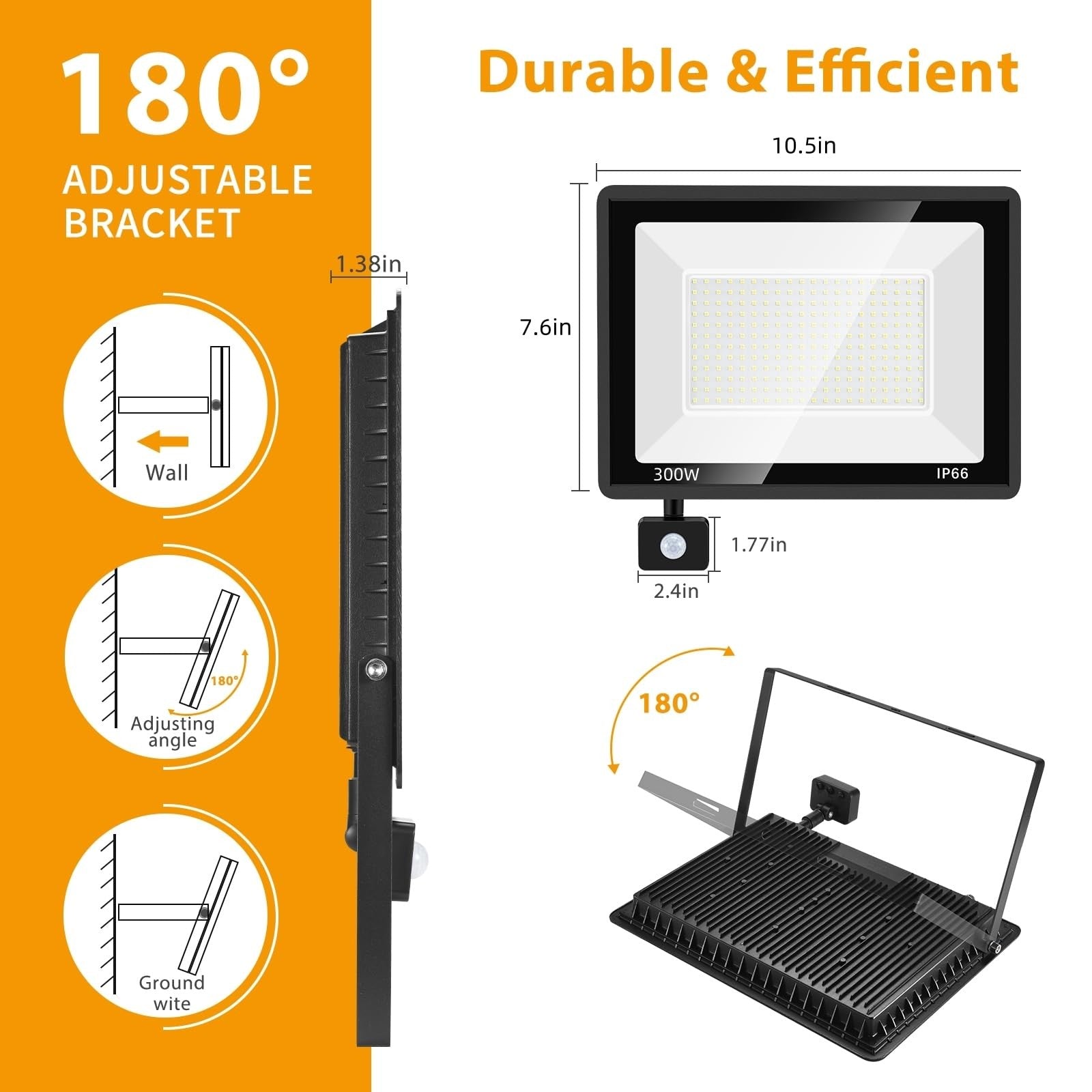 Two 300W LED motion sensor flood lights with plugs, super bright work lights, unbranded, mounted for outdoor security lighting.