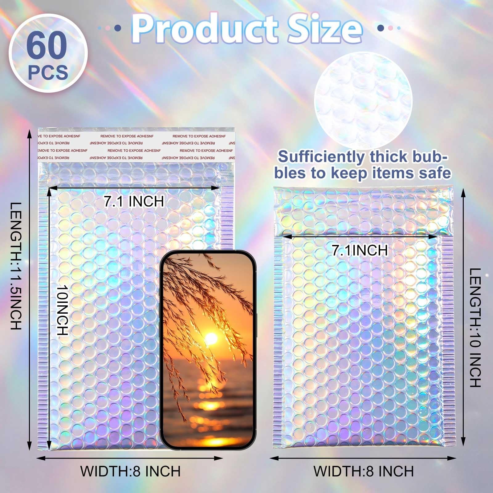 Henoyso holographic metallic bubble mailers, 8x11.5 inch, 60-pack, with bubble-lined envelopes for secure shipping and packaging