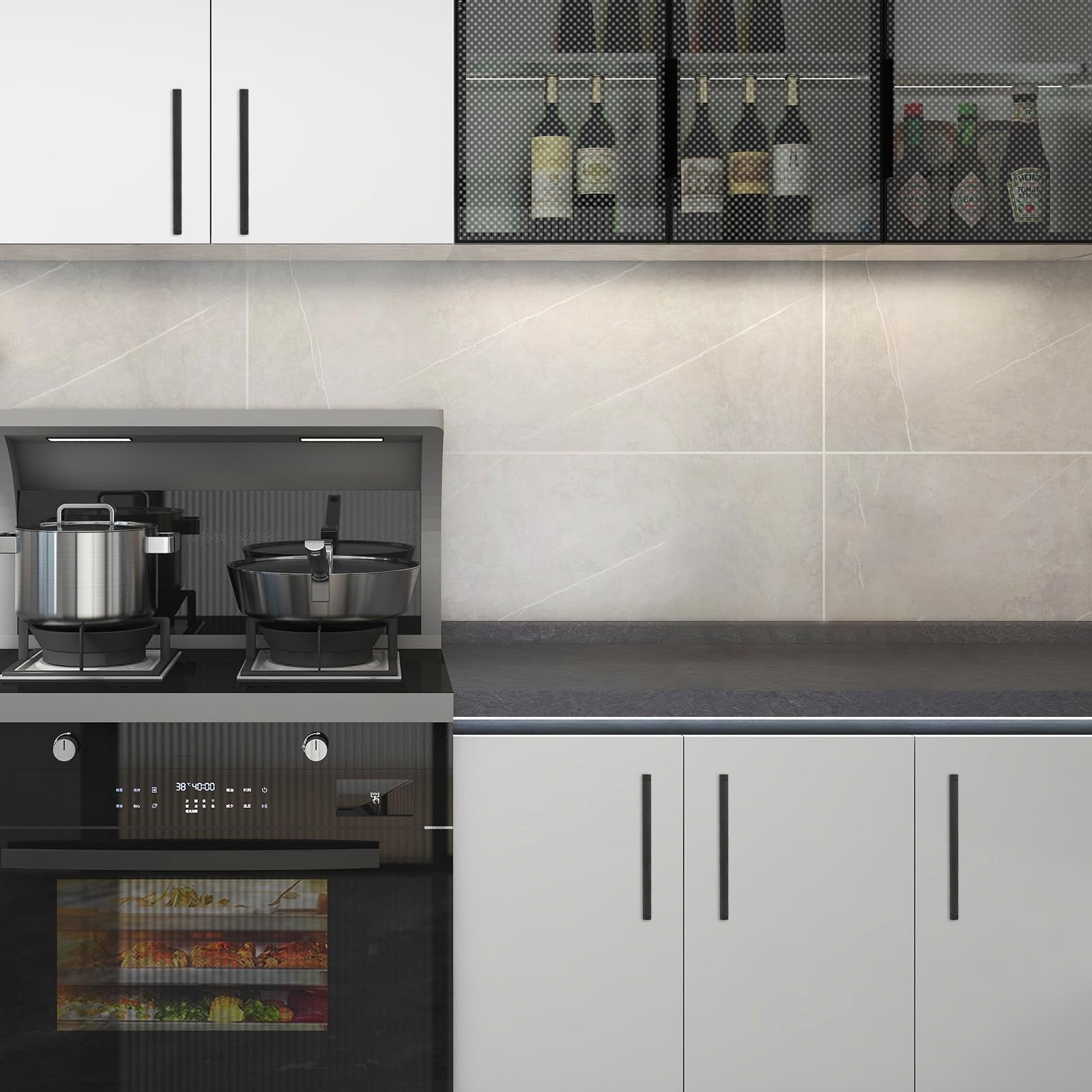 KOMOTIA 6-pack matte black knurled cabinet pulls, 11.3-inch hole center kitchen handles installed on cabinet doors