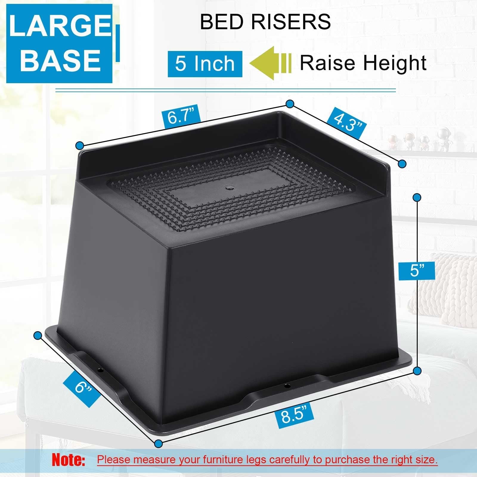 EGTTGIN 5-inch heavy duty bed risers lifting furniture like beds, sofas, and desks with sturdy plastic construction.