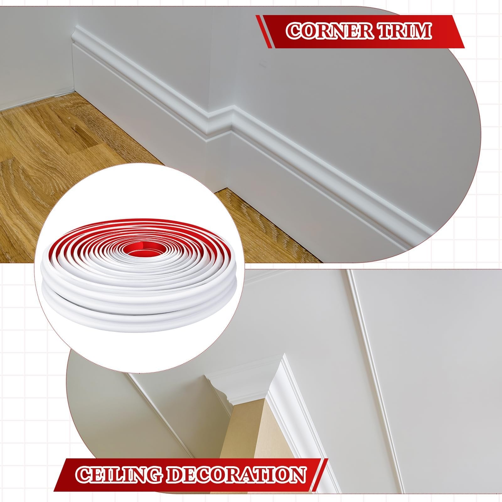 Innconee flexible peel and stick molding trim for walls and baseboards, 32.8 feet long, in a neutral color, shown in close-up detail.