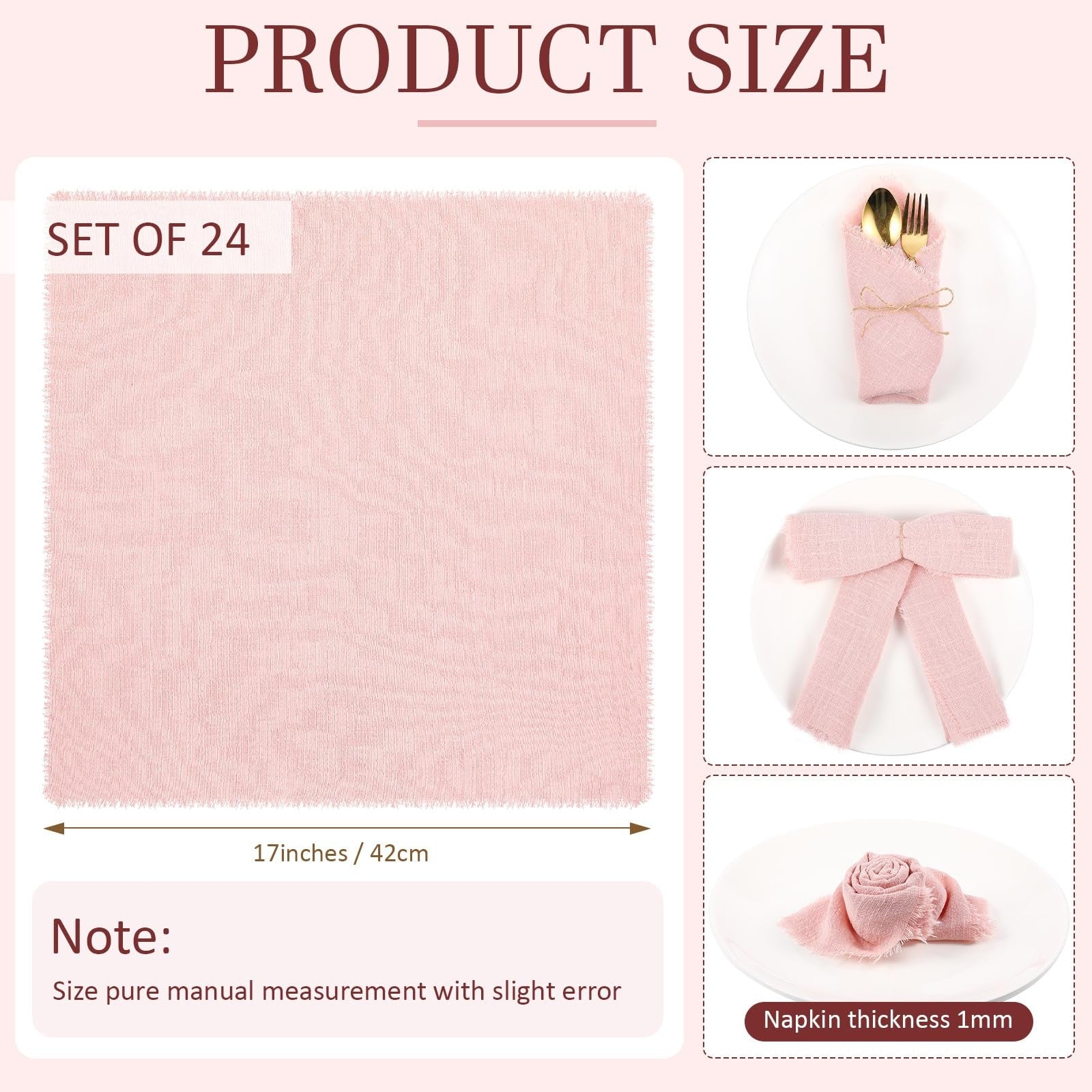 Preboun 24-pack cotton fringe napkins, 17x17 inches, soft rustic reusable cloth napkins for dining or events.