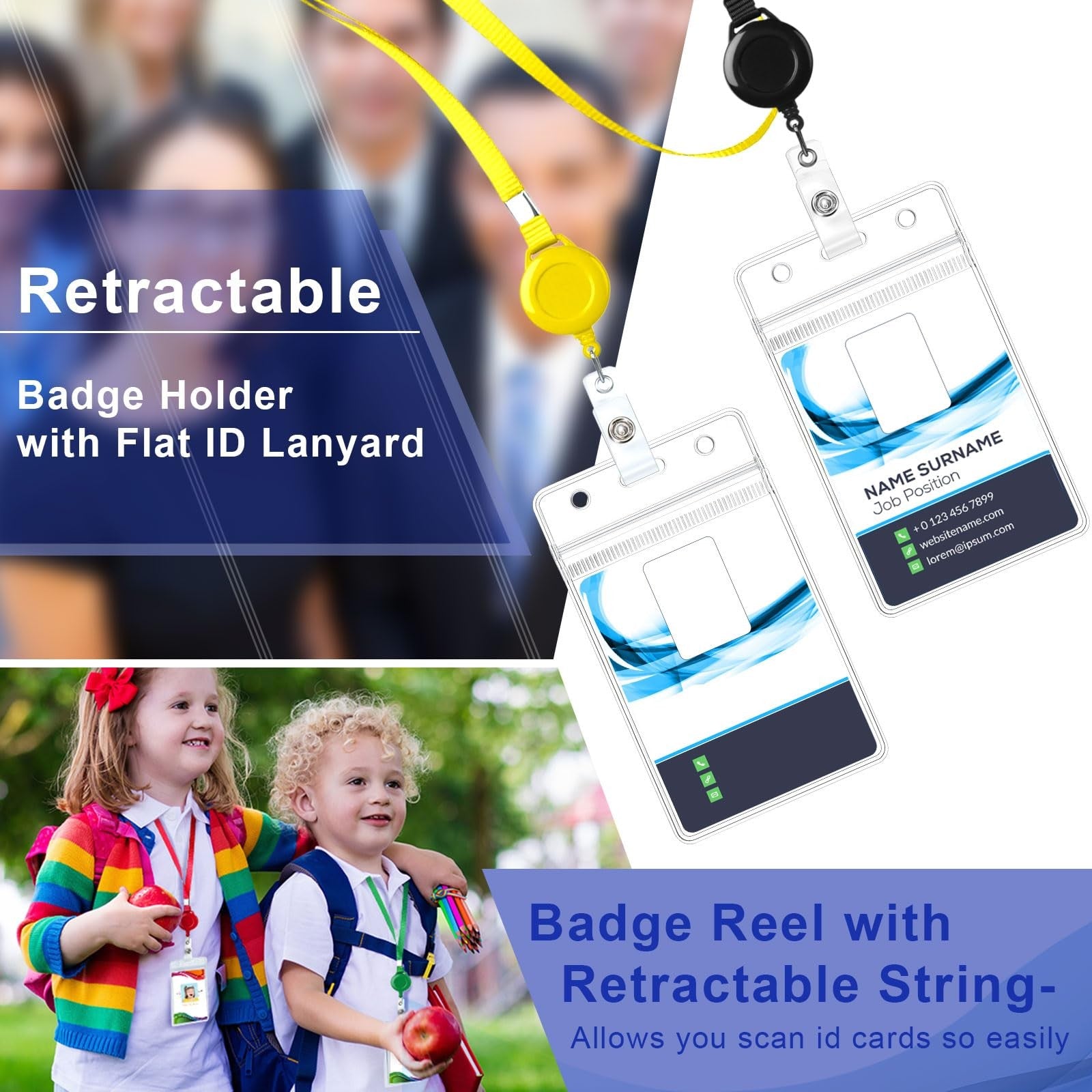 Marspark lanyard with ID holder and retractable badge reel, flat design in black with metal clip and clear ID card slot.