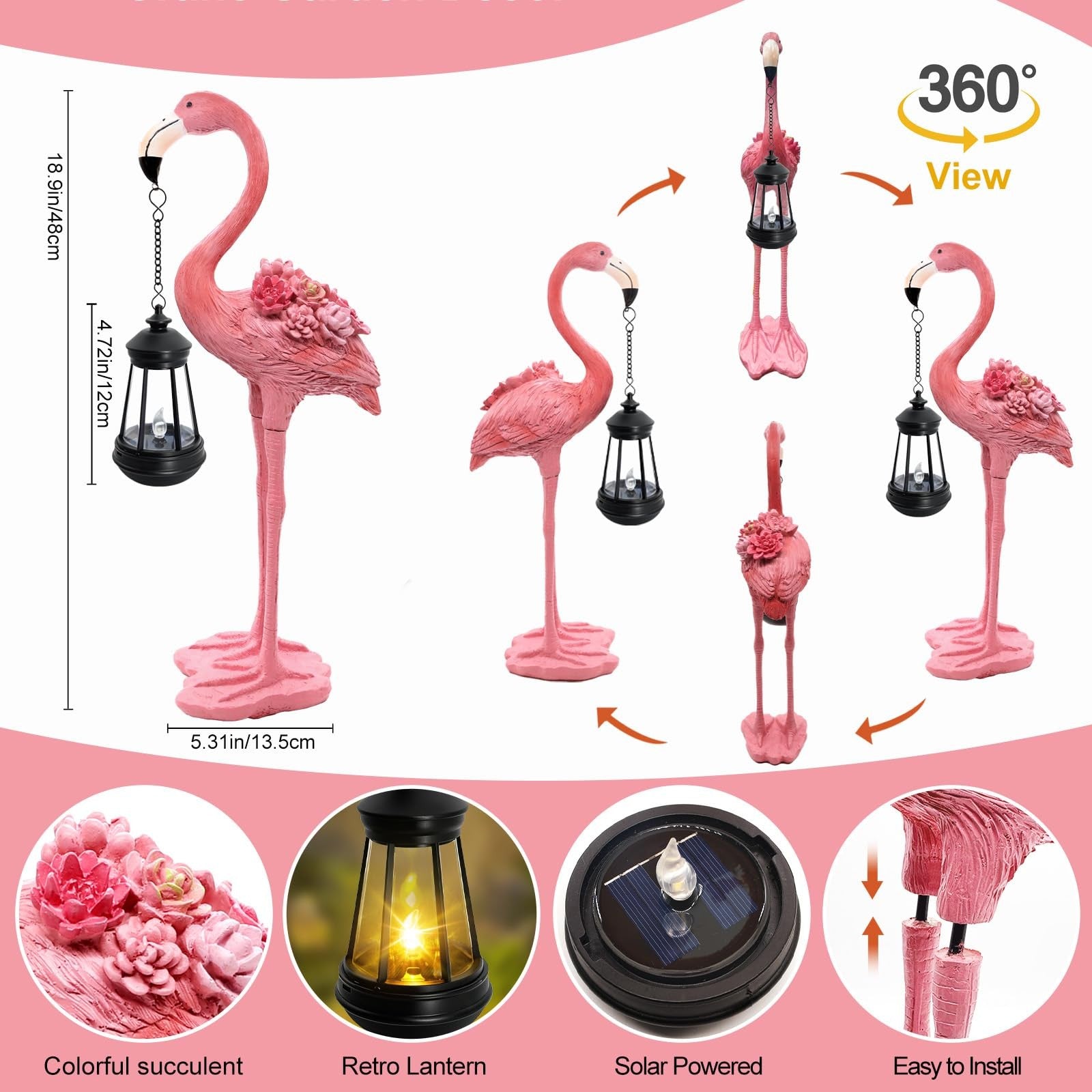 Yulloyello flamingo solar garden statue, 18.9-inch pink flamingo figurine with hanging solar lantern in a garden setting