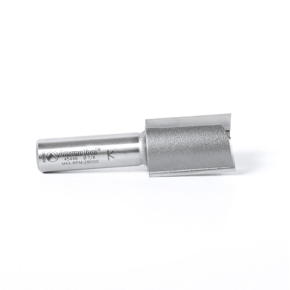 Amana Tool carbide-tipped straight plunge bit, 7/8 inch diameter, for woodworking and drilling applications, shown with cutting edges visible.