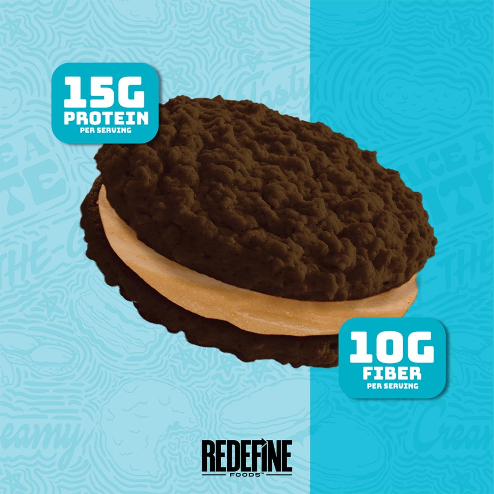 Redefine Foods Oatmeal Protein Pie with Skippy Chocolate flavor, 8-pack, featuring 15g of protein each on a neutral background.