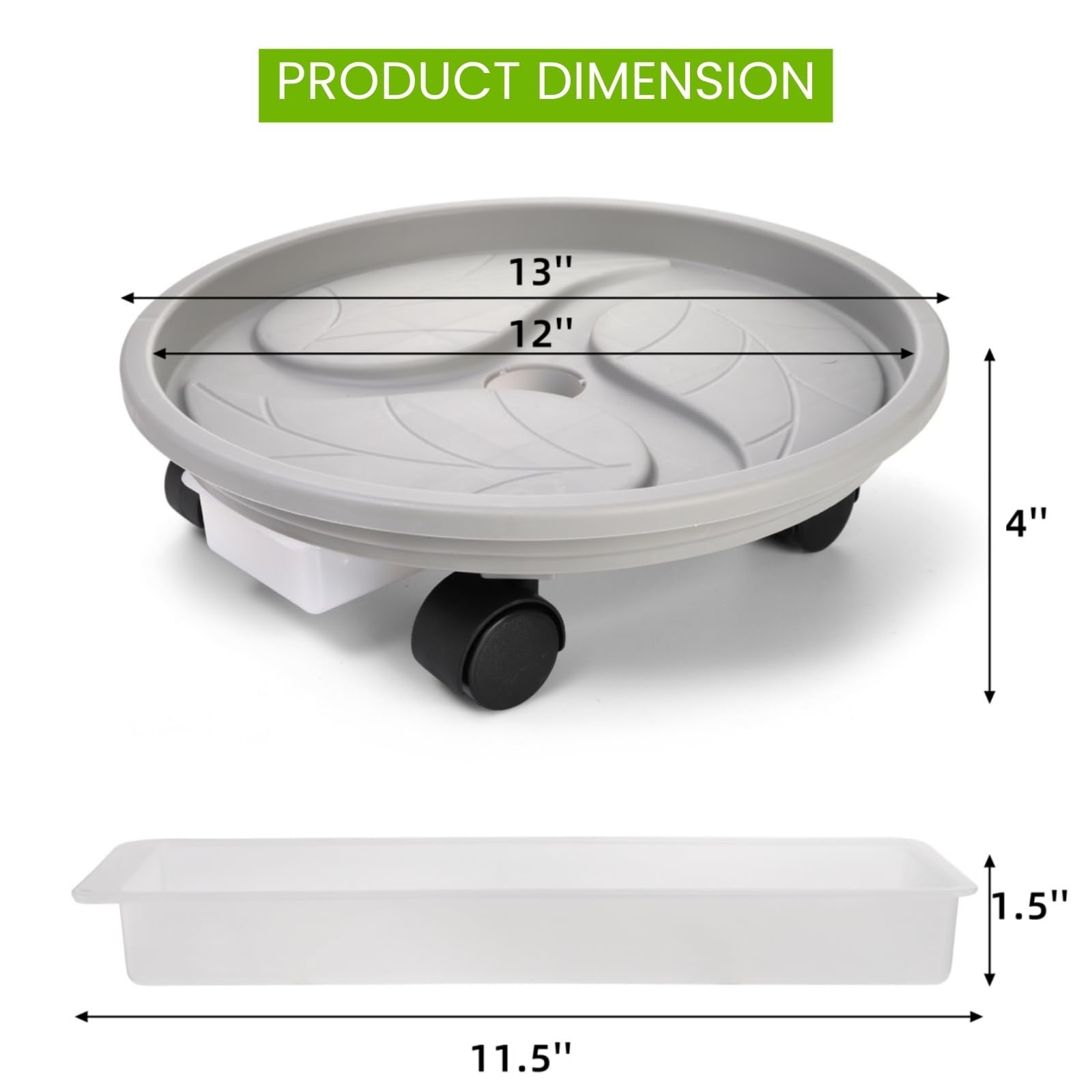 Nagpew 12-inch heavy-duty plant caddy with wheels, durable planter pallet with drainage tray for indoor or outdoor plants.